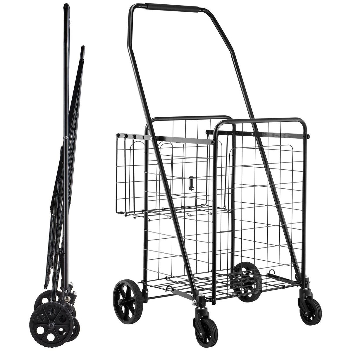 Shopping Cart, Folding Grocery Utility Cart with Dual Baskets, Waterproof Liner & Wheels, 100 LBS Large Load Capacity, Heavy Duty Laundry Basket for Laundry, Shopping, Camping, Grocery, Luggage