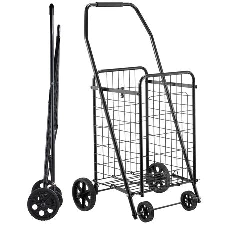 Shopping Cart, Folding Grocery Utility Cart with Swivel Wheels, 90 LBS Large Load Capacity, Heavy Duty Rolling Laundry Basket Butler for Laundry, Shopping, Camping, Grocery, Luggage, Black