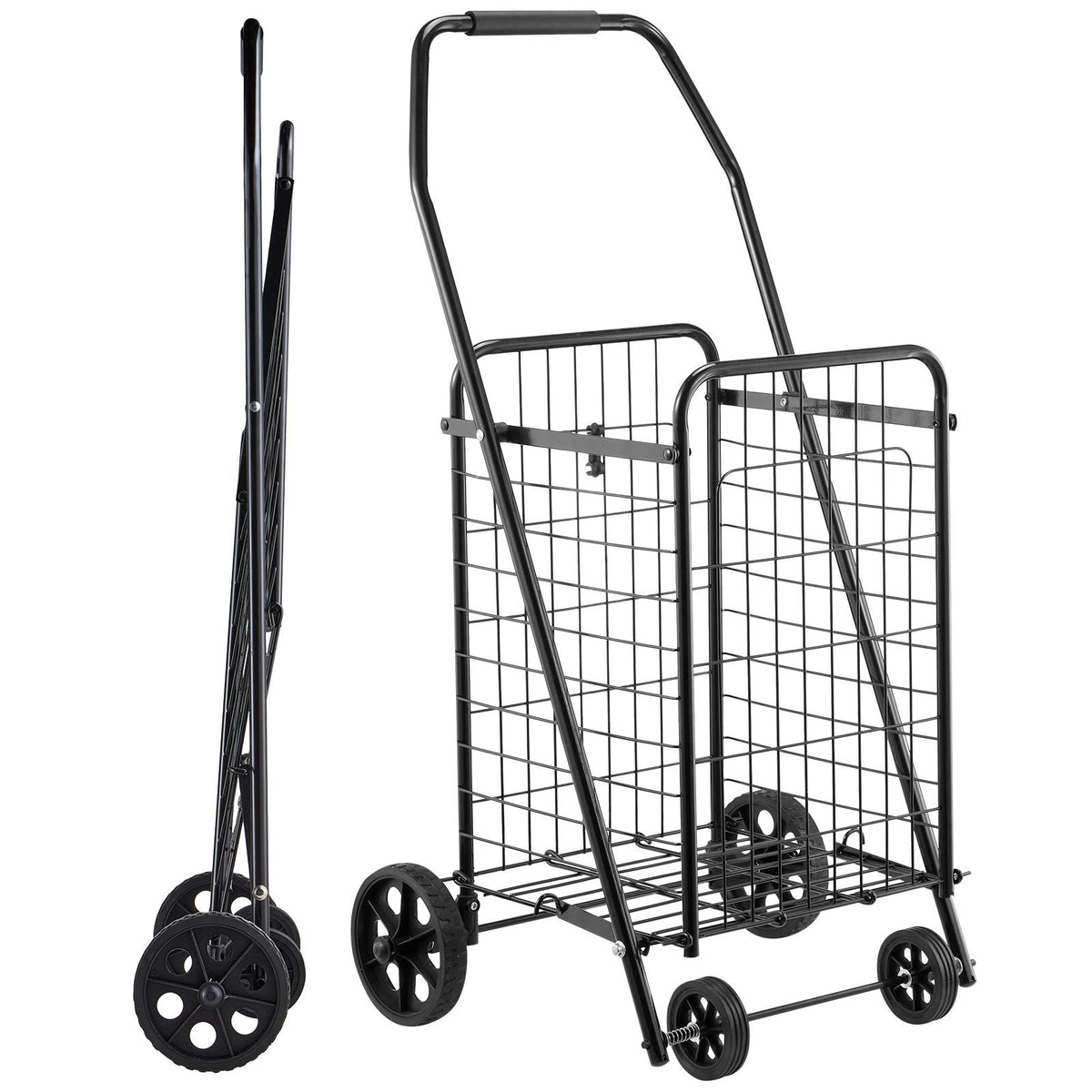 Shopping Cart, Folding Grocery Utility Cart with Swivel Wheels, 90 LBS Large Load Capacity, Heavy Duty Rolling Laundry Basket Butler for Laundry, Shopping, Camping, Grocery, Luggage, Black