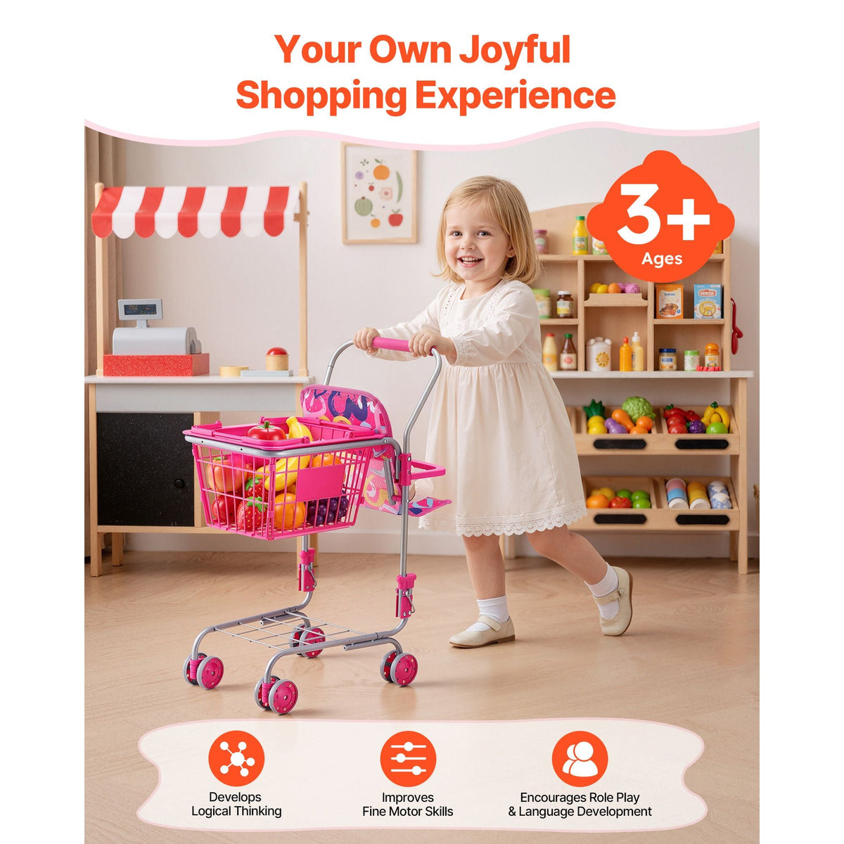 Shopping Cart for Kids, Sturdy Metal Frame, Toy Shopping Cart with Baby Doll, 4 Rolling Wheels, Doll Seat Carrier, Grocery Pretend Play Toy Trolley, Folds for Easy Storage, for Toddlers Ages 3+