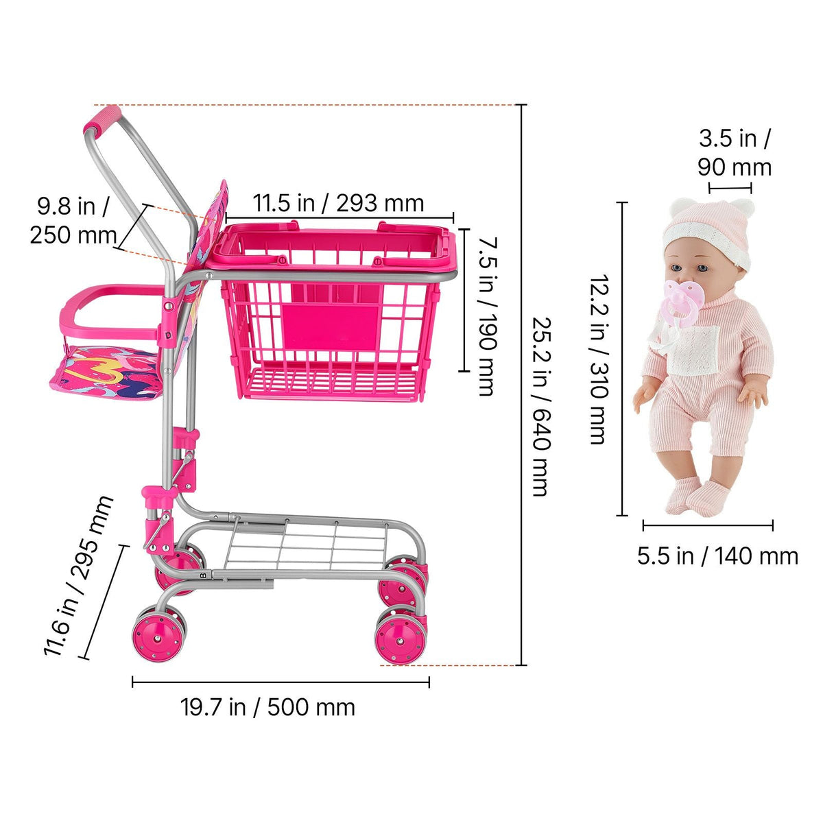Shopping Cart for Kids, Sturdy Metal Frame, Toy Shopping Cart with Baby Doll, 4 Rolling Wheels, Doll Seat Carrier, Grocery Pretend Play Toy Trolley, Folds for Easy Storage, for Toddlers Ages 3+