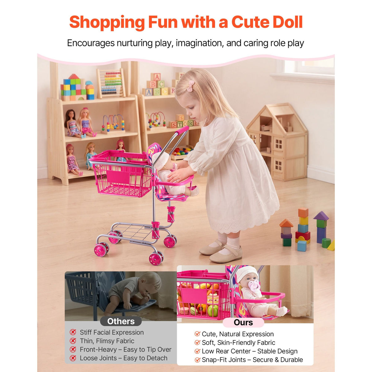 Shopping Cart for Kids, Sturdy Metal Frame, Toy Shopping Cart with Baby Doll, 4 Rolling Wheels, Doll Seat Carrier, Grocery Pretend Play Toy Trolley, Folds for Easy Storage, for Toddlers Ages 3+
