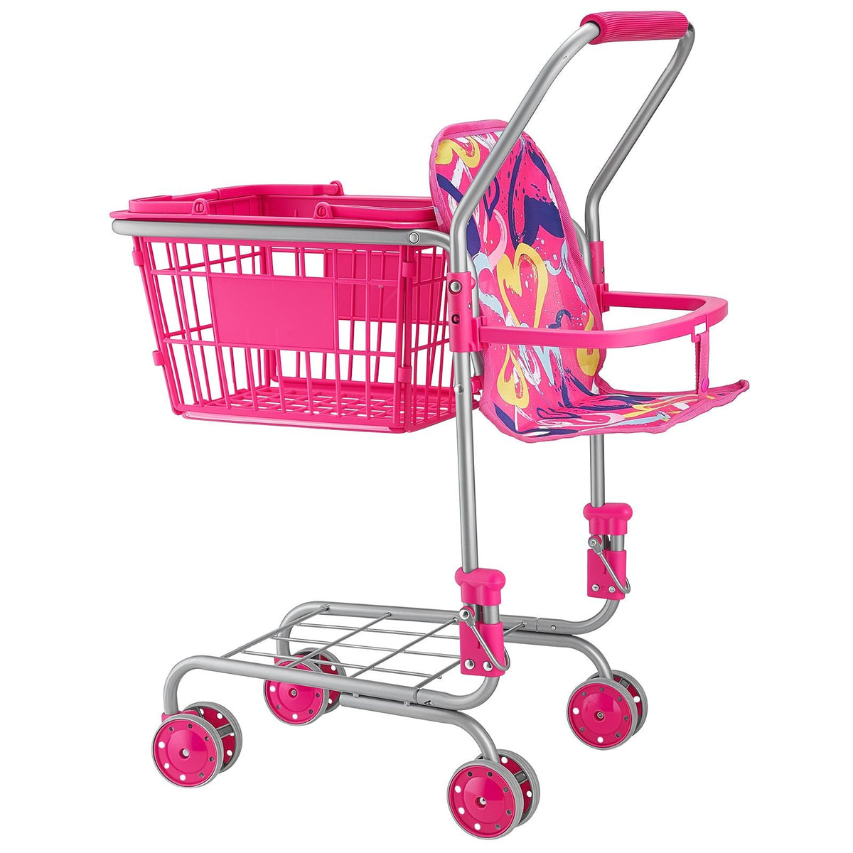 Shopping Cart for Kids, Sturdy Metal Frame, Toy Shopping Cart with Baby Doll, 4 Rolling Wheels, Doll Seat Carrier, Grocery Pretend Play Toy Trolley, Folds for Easy Storage, for Toddlers Ages 3+