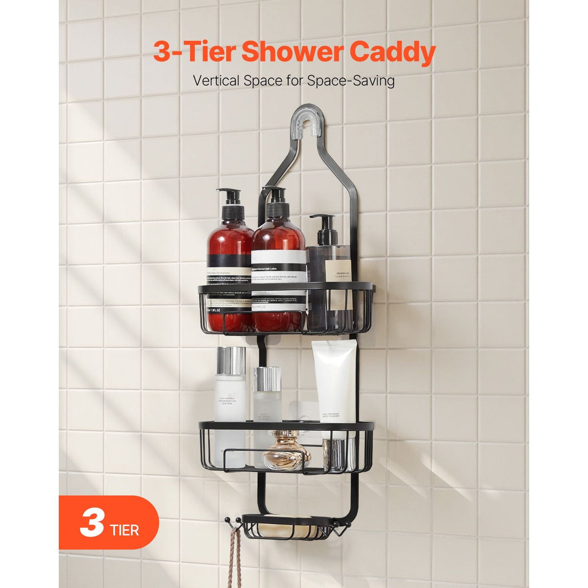 Shower Caddy, 3-Tier Hanging Bathroom Shower Storage Organization Shelves Rack Set, with Soap Holder and Hooks for Towels, Sponge, 40 lbs Large Weight Capacity, Fits Shower Head, Matte Black