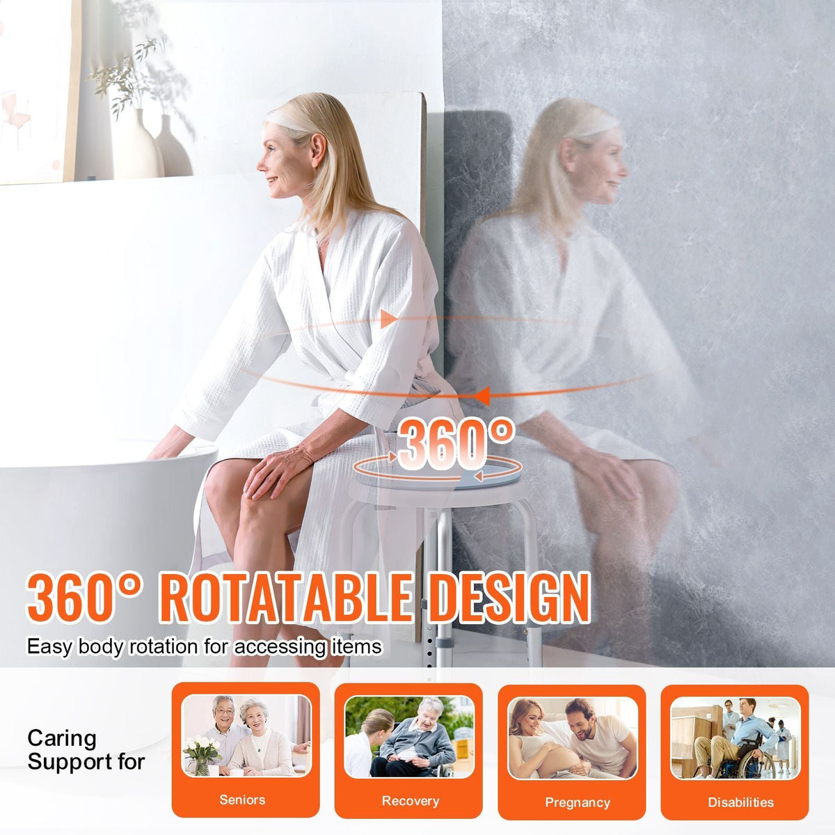 Shower Chair for Inside Shower, 360 Degree Swivel Shower Seat, Adjustable Height Shower Stool, Non-Slip Bench Bathtub Seat Stool for Elderly Disabled Adults Handicap, 300 lbs Capacity