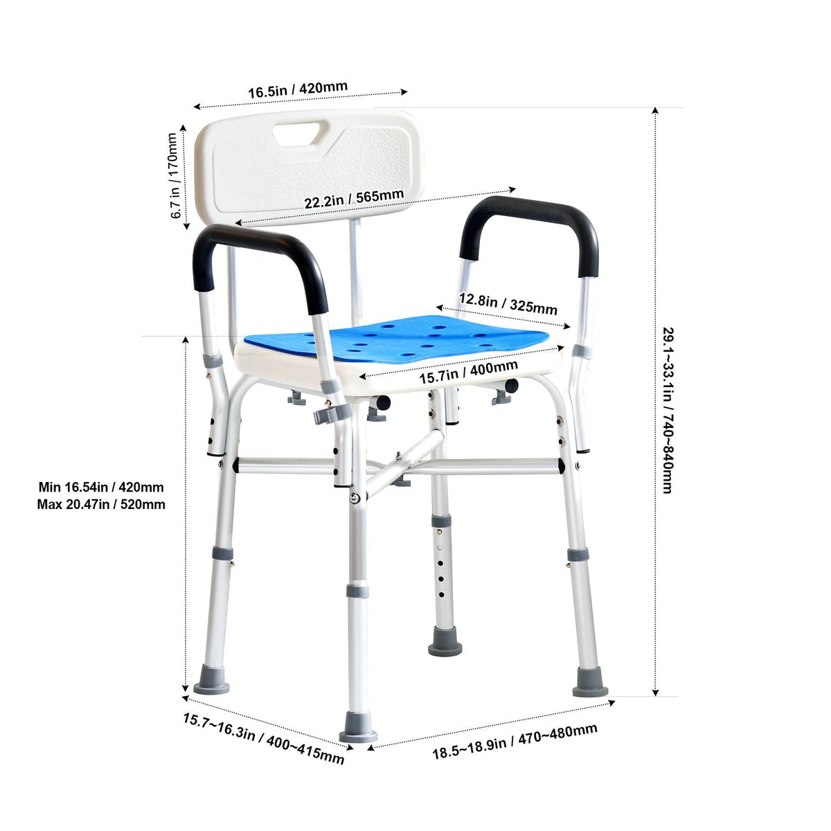 Shower Chair Seat with Padded Arms and Back, Shower Stool with Reinforced CrossBar, Adjustable Height Bench Bath Chair for Elderly Disabled, Shower Chair for Inside Shower Bathtub, 400 lbs