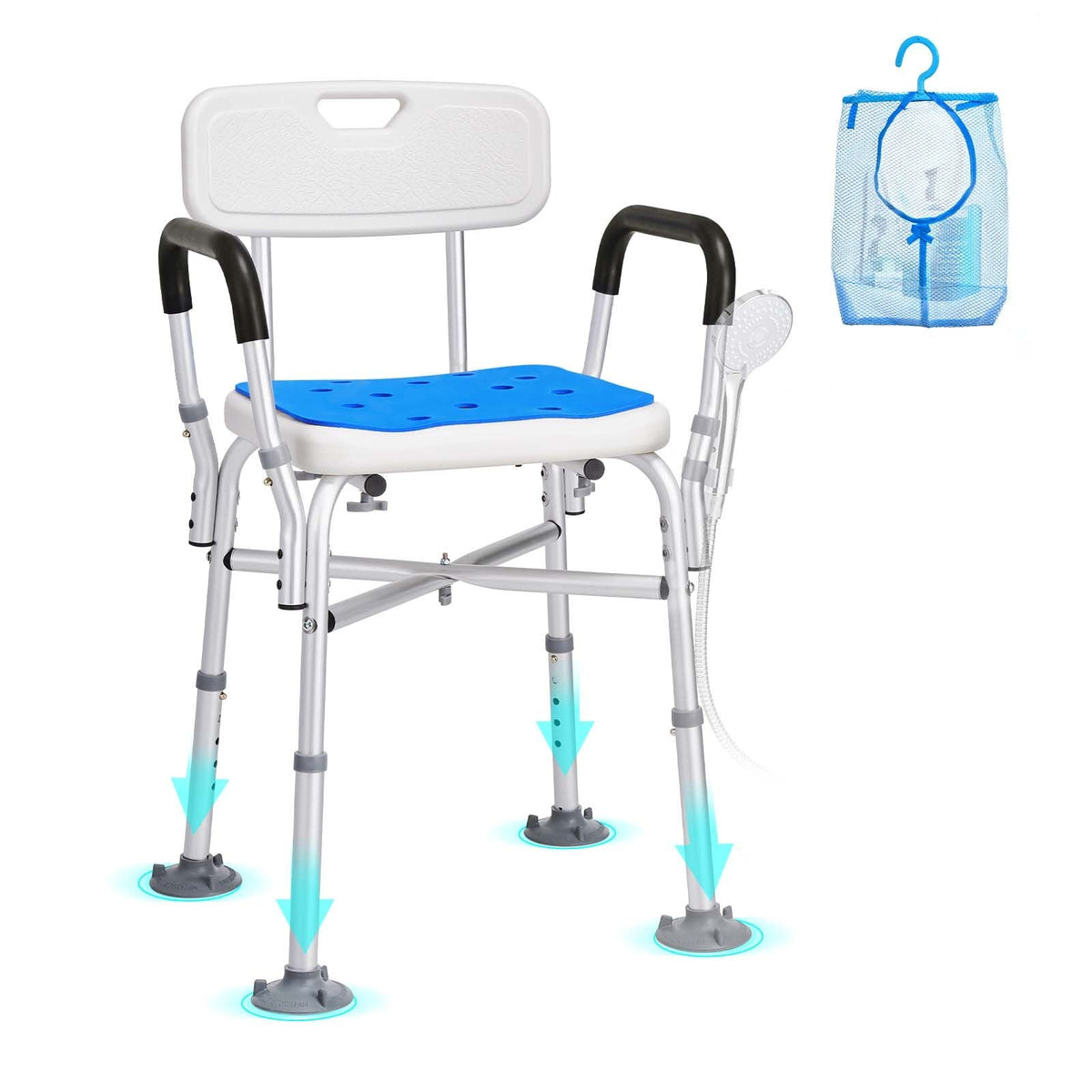 Shower Chair Seat with Padded Arms and Back, Shower Stool with Reinforced CrossBar, Adjustable Height Bench Bath Chair for Elderly Disabled, Shower Chair for Inside Shower Bathtub, 400 lbs