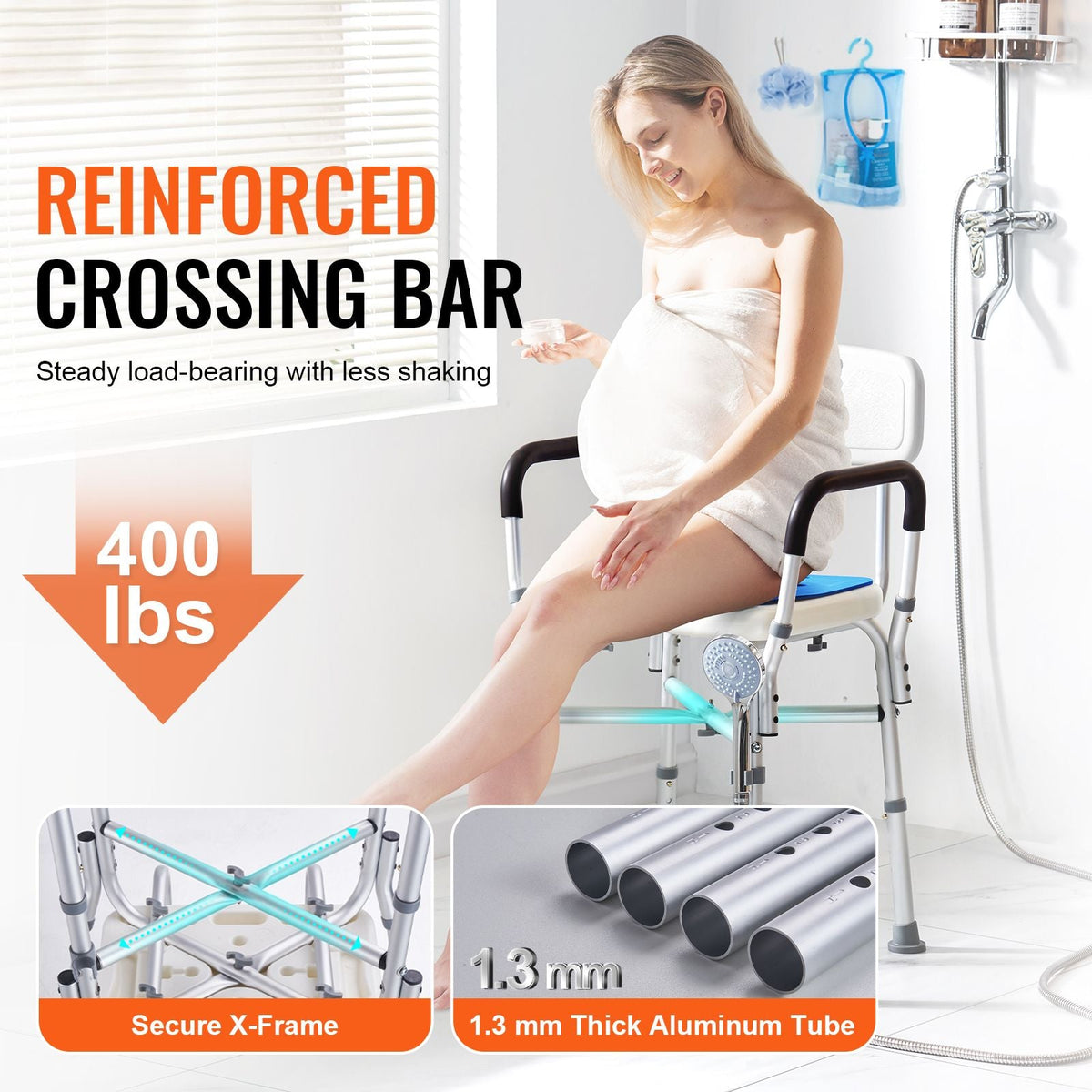 Shower Chair Seat with Padded Arms and Back, Shower Stool with Reinforced CrossBar, Adjustable Height Bench Bath Chair for Elderly Disabled, Shower Chair for Inside Shower Bathtub, 400 lbs