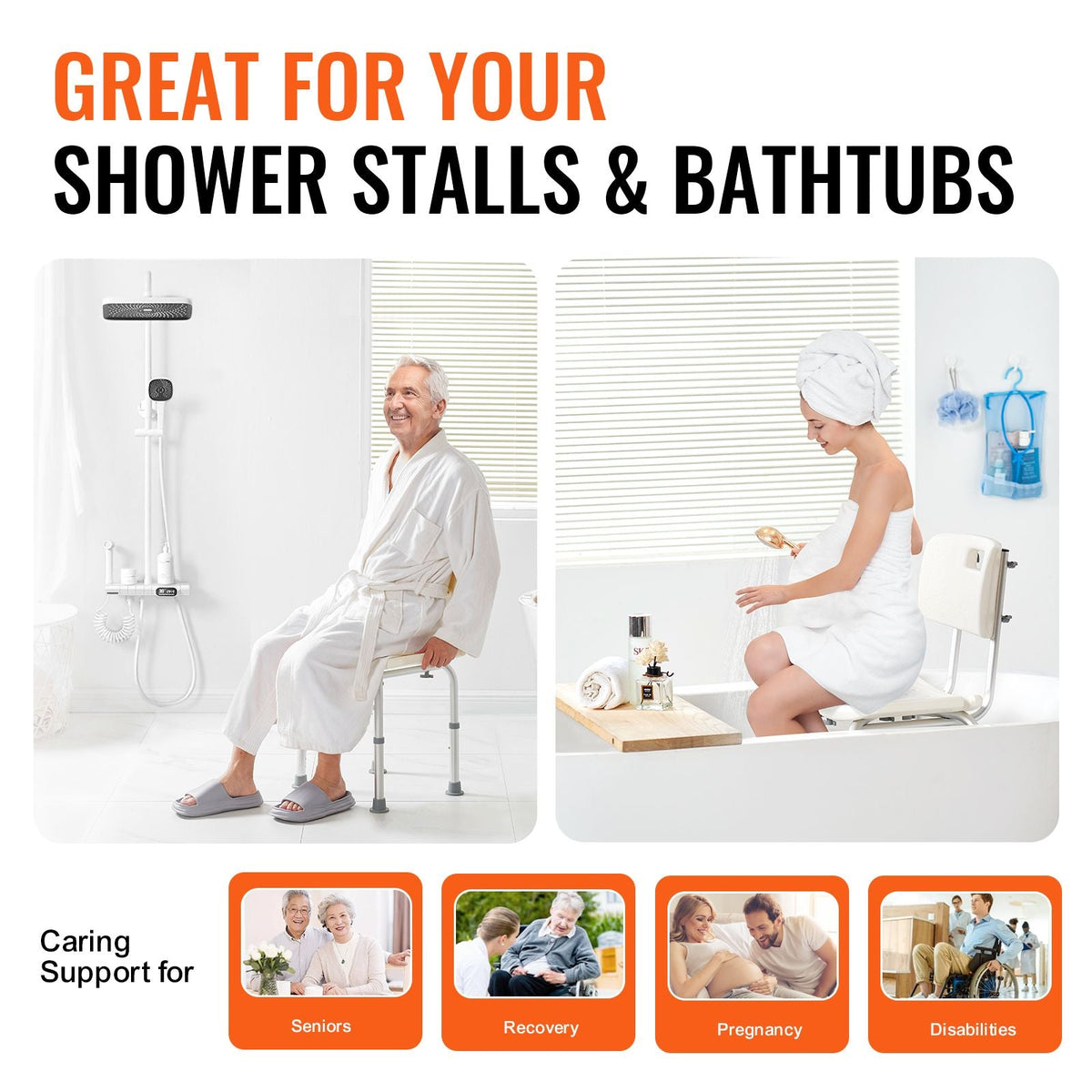 Shower Chair, Shower Seat with Back, Adjustable Height Shower Stool, Shower Chair for Inside Shower Bathtub, Non-slip Bathroom Bench Bath Chair for Elderly Disabled Handicap, 350 lbs Capacity