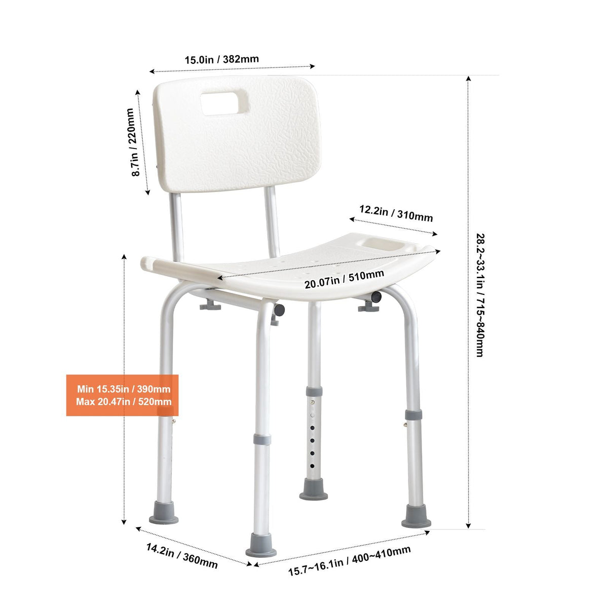Shower Chair, Shower Seat with Back, Adjustable Height Shower Stool, Shower Chair for Inside Shower Bathtub, Non-slip Bathroom Bench Bath Chair for Elderly Disabled Handicap, 350 lbs Capacity
