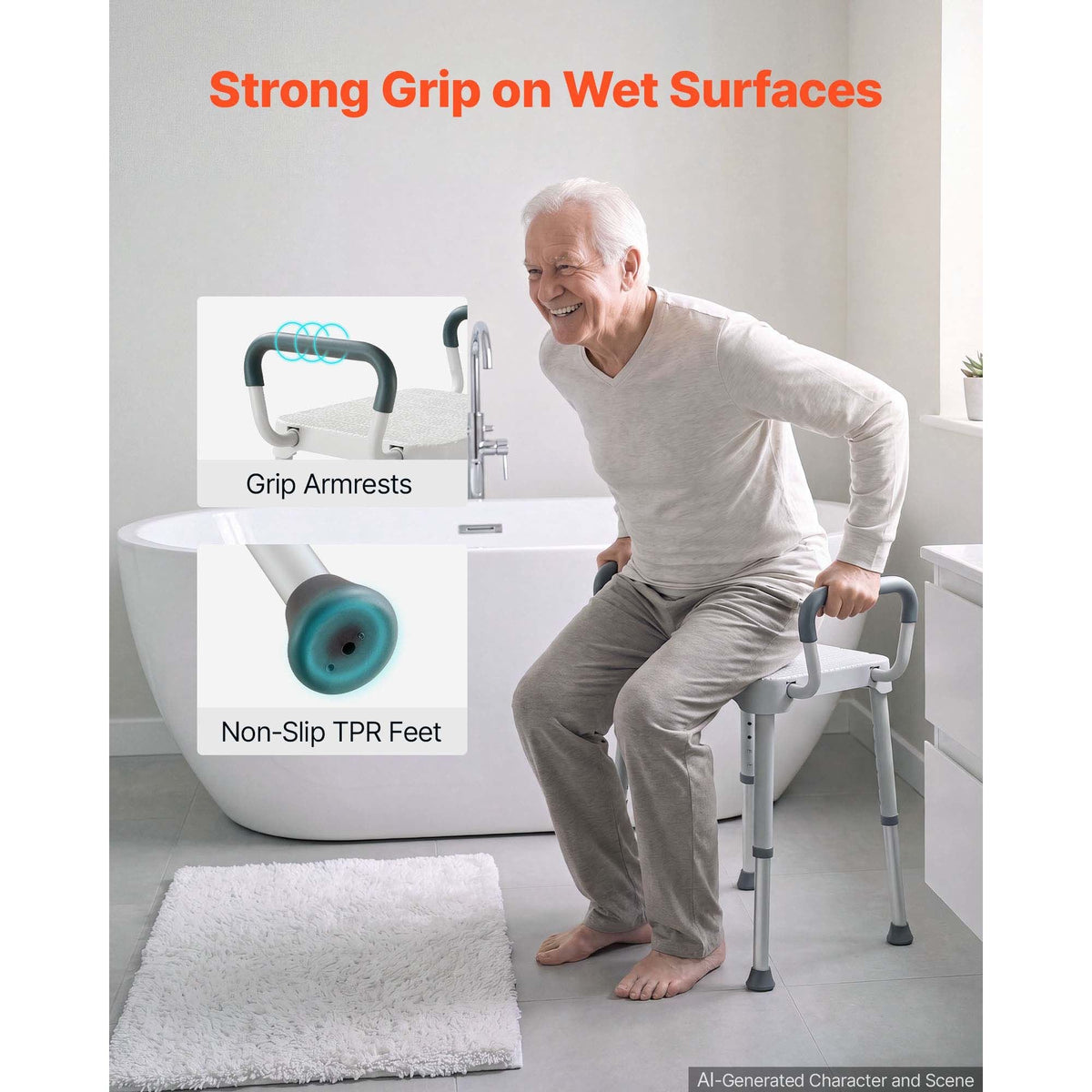 Shower Chair with Armrest, 6-Level Height Adjustable Bath Seat for Inside Shower or Tubs, Non-Slip Bathroom Bathtub Chair for Elderly Disabled Injured, 400LBS Capacity