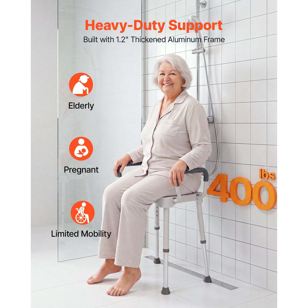 Shower Chair with Armrest, 6-Level Height Adjustable Bath Seat for Inside Shower or Tubs, Non-Slip Bathroom Bathtub Chair for Elderly Disabled Injured, 400LBS Capacity