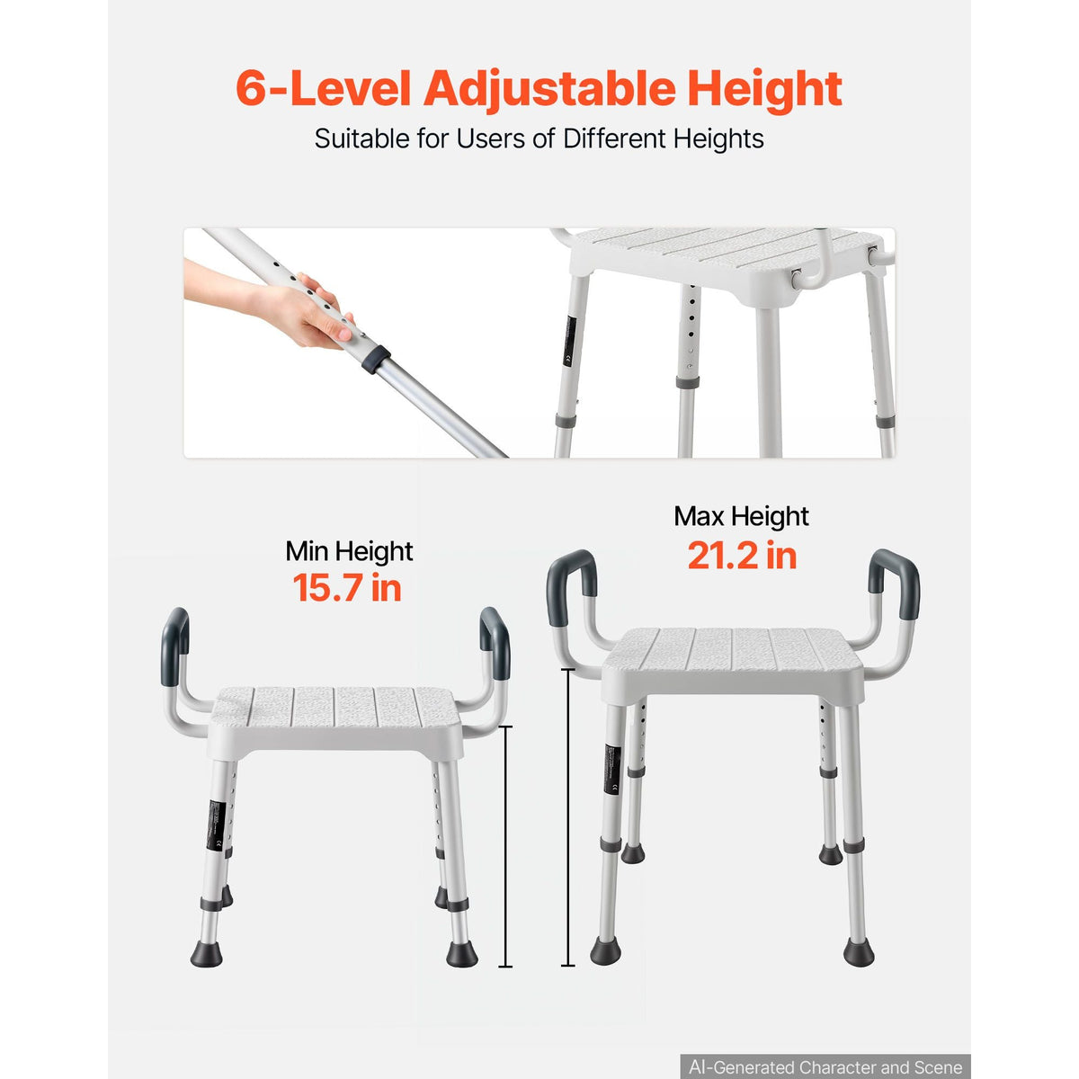Shower Chair with Armrest, 6-Level Height Adjustable Bath Seat for Inside Shower or Tubs, Non-Slip Bathroom Bathtub Chair for Elderly Disabled Injured, 400LBS Capacity