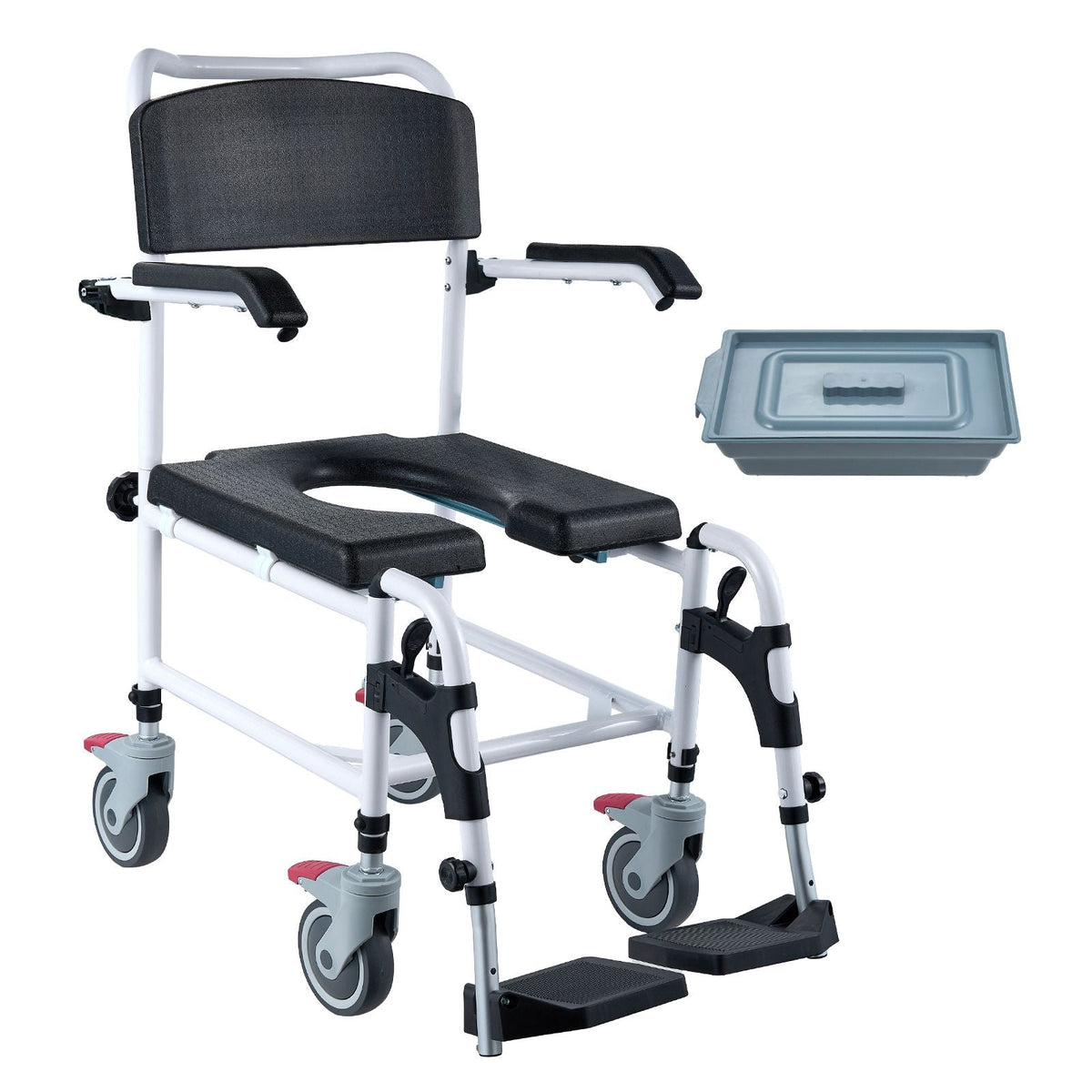 Shower Commode Wheelchair with 4 Lockable Wheels, Footrests, Flip-up Arms, 3-Level Adjustable Height, 5L Removable Bucket, 350 LBS Capacity, Commode Chair for Adults Seniors