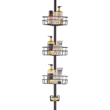 Shower Corner Caddy Tension Pole, 39" to 125" High, Multi-Functional Shower Tension Pole with Strong Load-Bearing Tray, Rust-Proof Easy-to-Install Tension Pole, Fit for Bathroom & Washroom