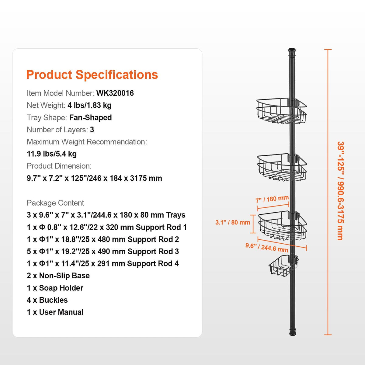 Shower Corner Caddy Tension Pole, 39" to 125" High, Multi-Functional Shower Tension Pole with Strong Load-Bearing Tray, Rust-Proof Easy-to-Install Tension Pole, Fit for Bathroom & Washroom