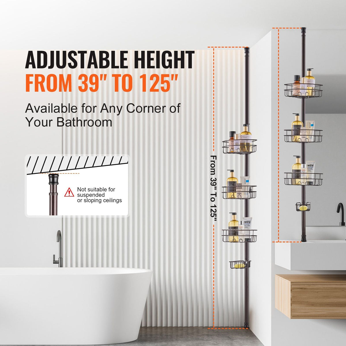 Shower Corner Caddy Tension Pole, 39" to 125" High, Multi-Functional Shower Tension Pole with Strong Load-Bearing Tray, Rust-Proof Easy-to-Install Tension Pole, Fit for Bathroom & Washroom