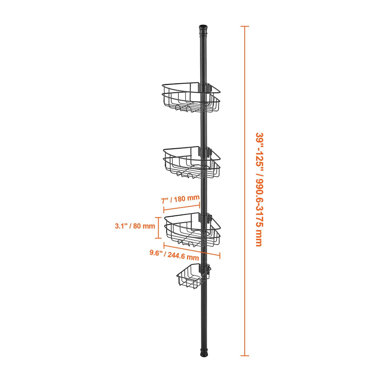 Shower Corner Caddy Tension Pole, 39" to 125" High, Multi-Functional Shower Tension Pole with Strong Load-Bearing Tray, Rust-Proof Easy-to-Install Tension Pole, Fit for Bathroom & Washroom