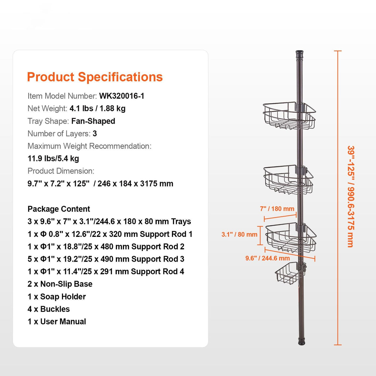 Shower Corner Caddy Tension Pole, 39" to 125" High, Multi-Functional Shower Tension Pole with Strong Load-Bearing Tray, Rust-Proof Easy-to-Install Tension Pole, Fit for Bathroom & Washroom
