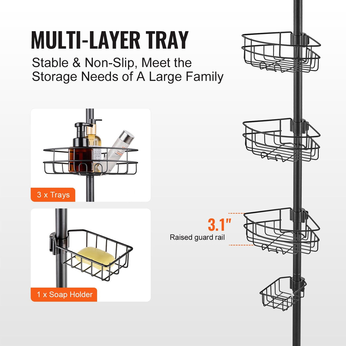 Shower Corner Caddy Tension Pole, 39" to 125" High, Multi-Functional Shower Tension Pole with Strong Load-Bearing Tray, Rust-Proof Easy-to-Install Tension Pole, Fit for Bathroom & Washroom