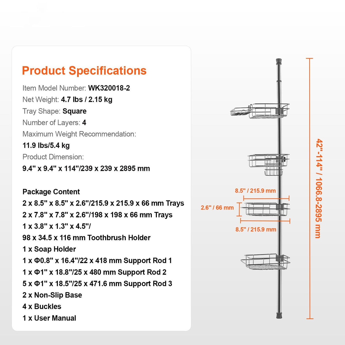 Shower Corner Caddy Tension Pole, 42" to 114" High, Multi-Functional Shower Tension Pole with Strong Load-Bearing Tray, Rust-Proof Easy-to-Install Tension Pole, Fit for Bathroom & Washroom