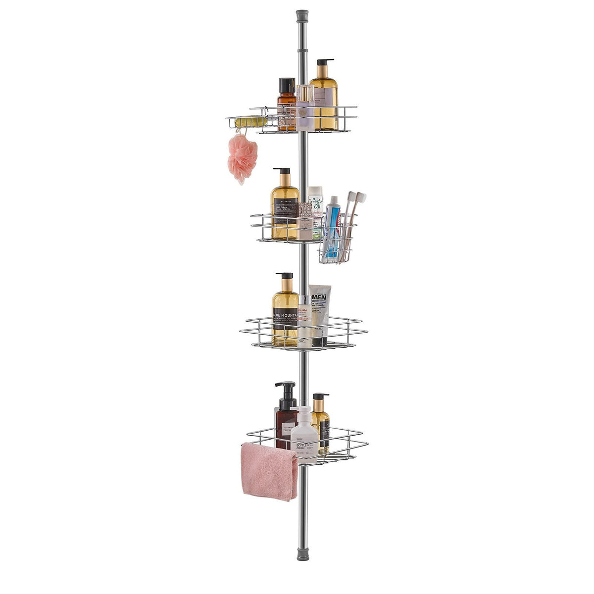 Shower Corner Caddy Tension Pole, 42" to 114" High, Multi-Functional Shower Tension Pole with Strong Load-Bearing Tray, Rust-Proof Easy-to-Install Tension Pole, Fit for Bathroom & Washroom