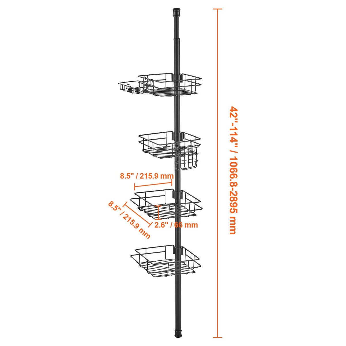 Shower Corner Caddy Tension Pole, 42" to 114" High, Multi-Functional Shower Tension Pole with Strong Load-Bearing Tray, Rust-Proof Easy-to-Install Tension Pole, Fit for Bathroom & Washroom