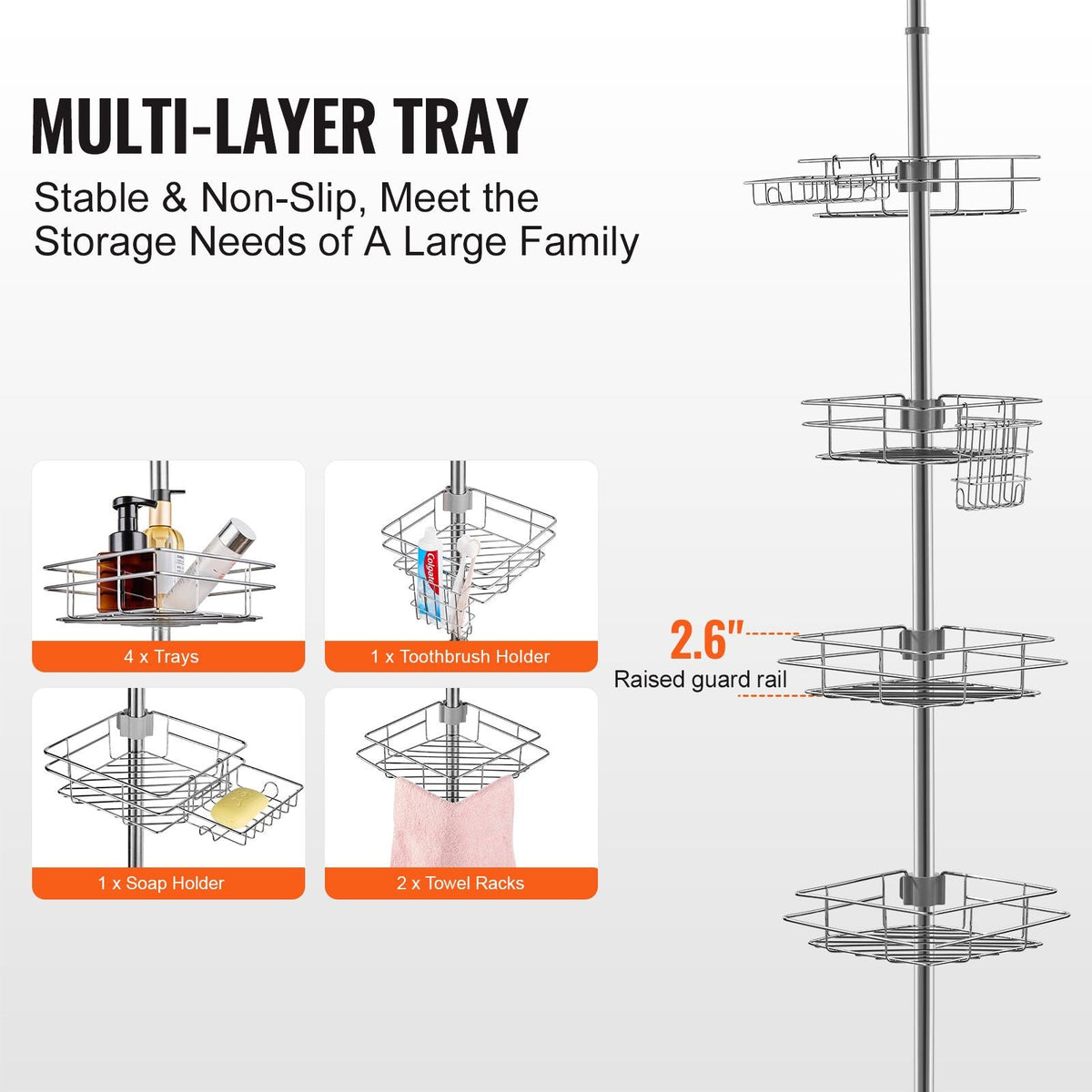 Shower Corner Caddy Tension Pole, 42" to 114" High, Multi-Functional Shower Tension Pole with Strong Load-Bearing Tray, Rust-Proof Easy-to-Install Tension Pole, Fit for Bathroom & Washroom