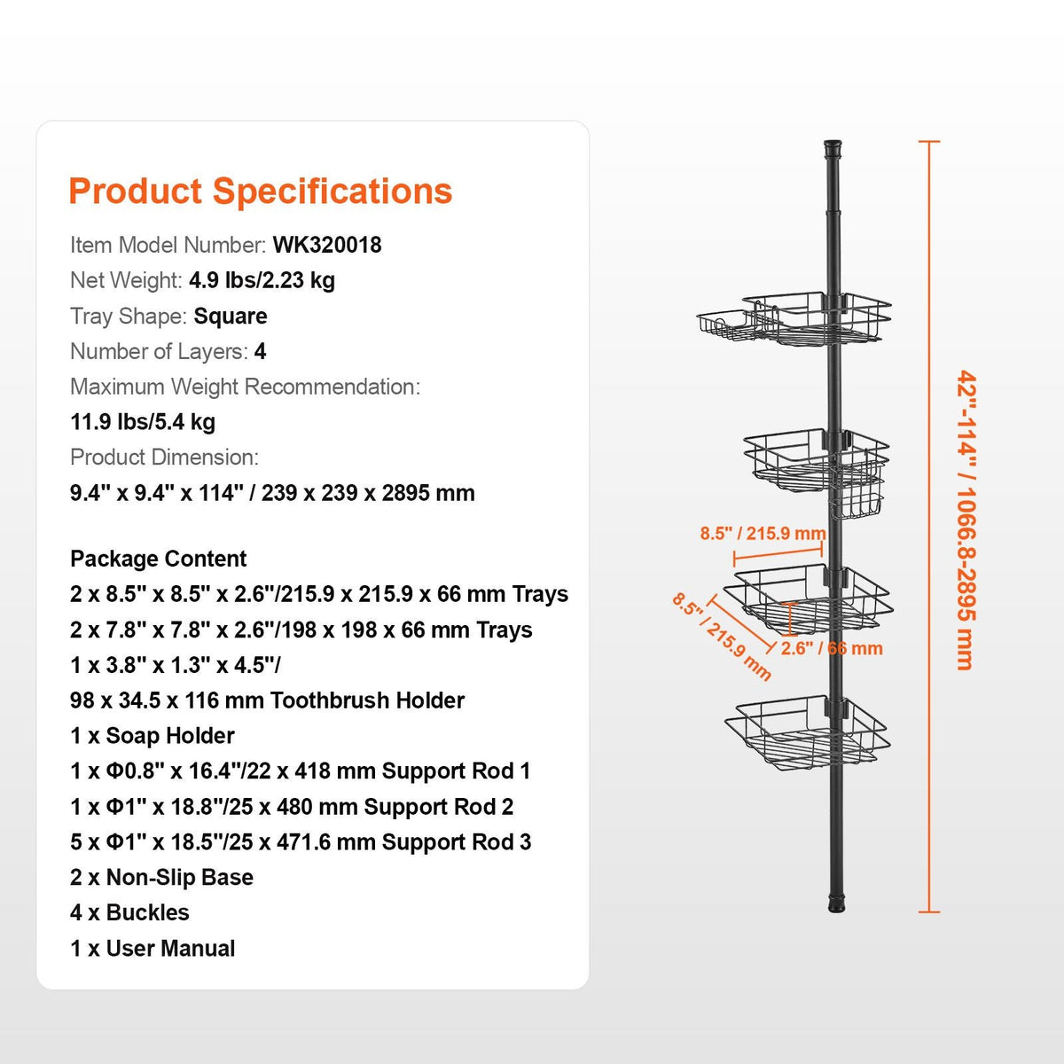Shower Corner Caddy Tension Pole, 42" to 114" High, Multi-Functional Shower Tension Pole with Strong Load-Bearing Tray, Rust-Proof Easy-to-Install Tension Pole, Fit for Bathroom & Washroom