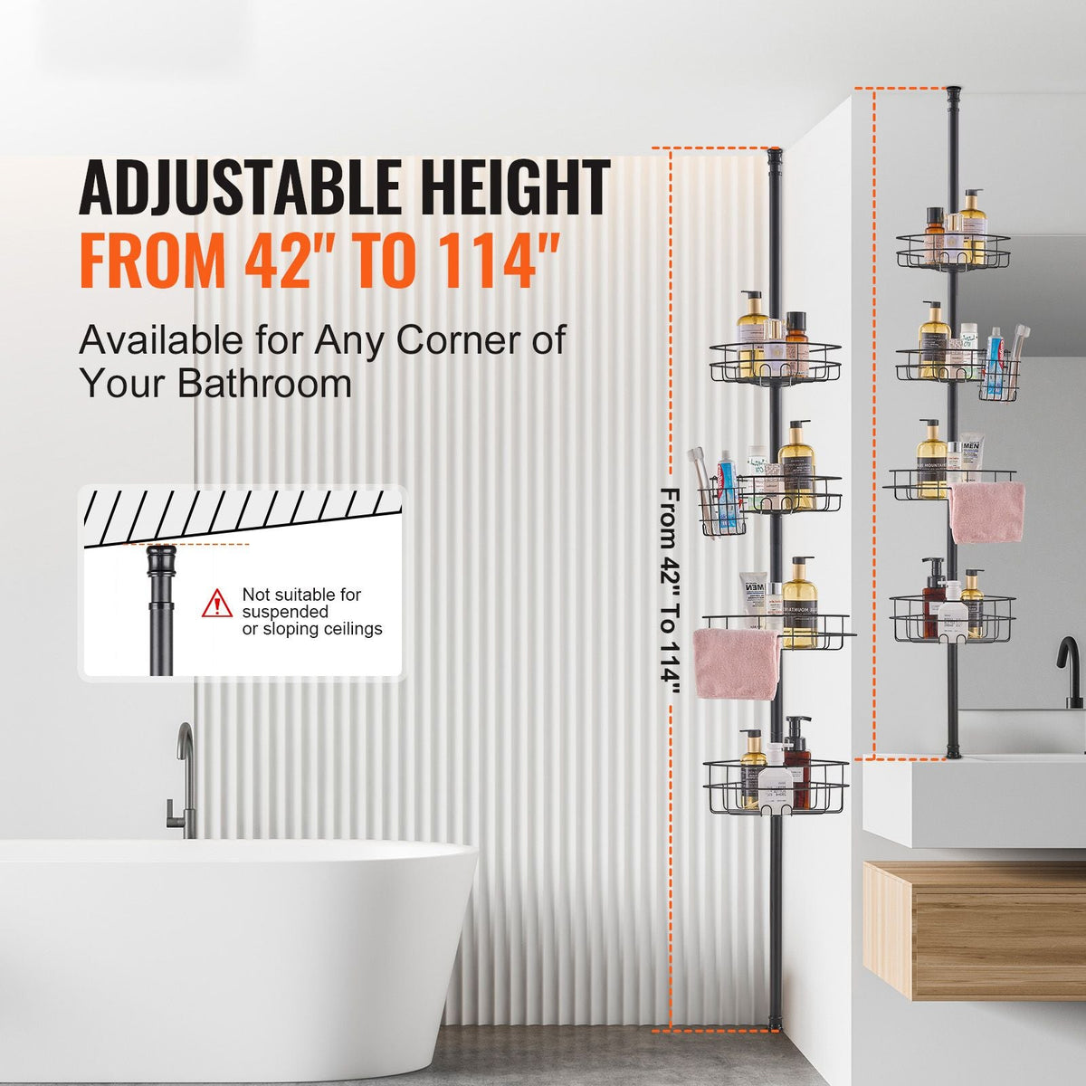 Shower Corner Caddy Tension Pole, 42" to 114" High, Multi-Functional Shower Tension Pole with Strong Load-Bearing Tray, Rust-Proof Easy-to-Install Tension Pole, Fit for Bathroom & Washroom