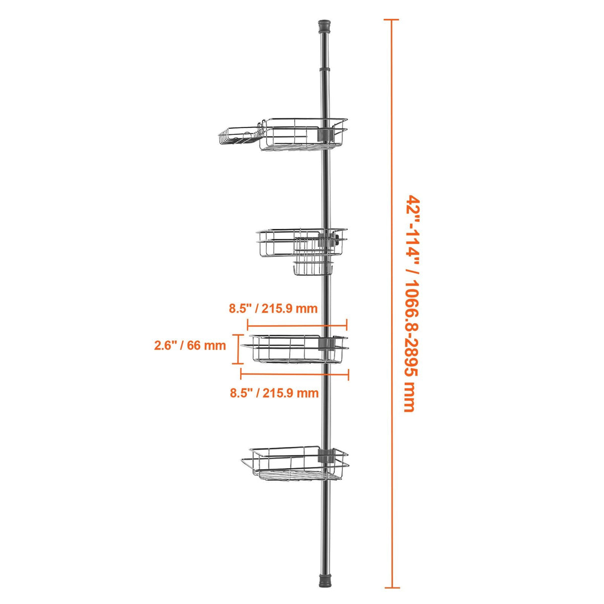 Shower Corner Caddy Tension Pole, 42" to 114" High, Multi-Functional Shower Tension Pole with Strong Load-Bearing Tray, Rust-Proof Easy-to-Install Tension Pole, Fit for Bathroom & Washroom