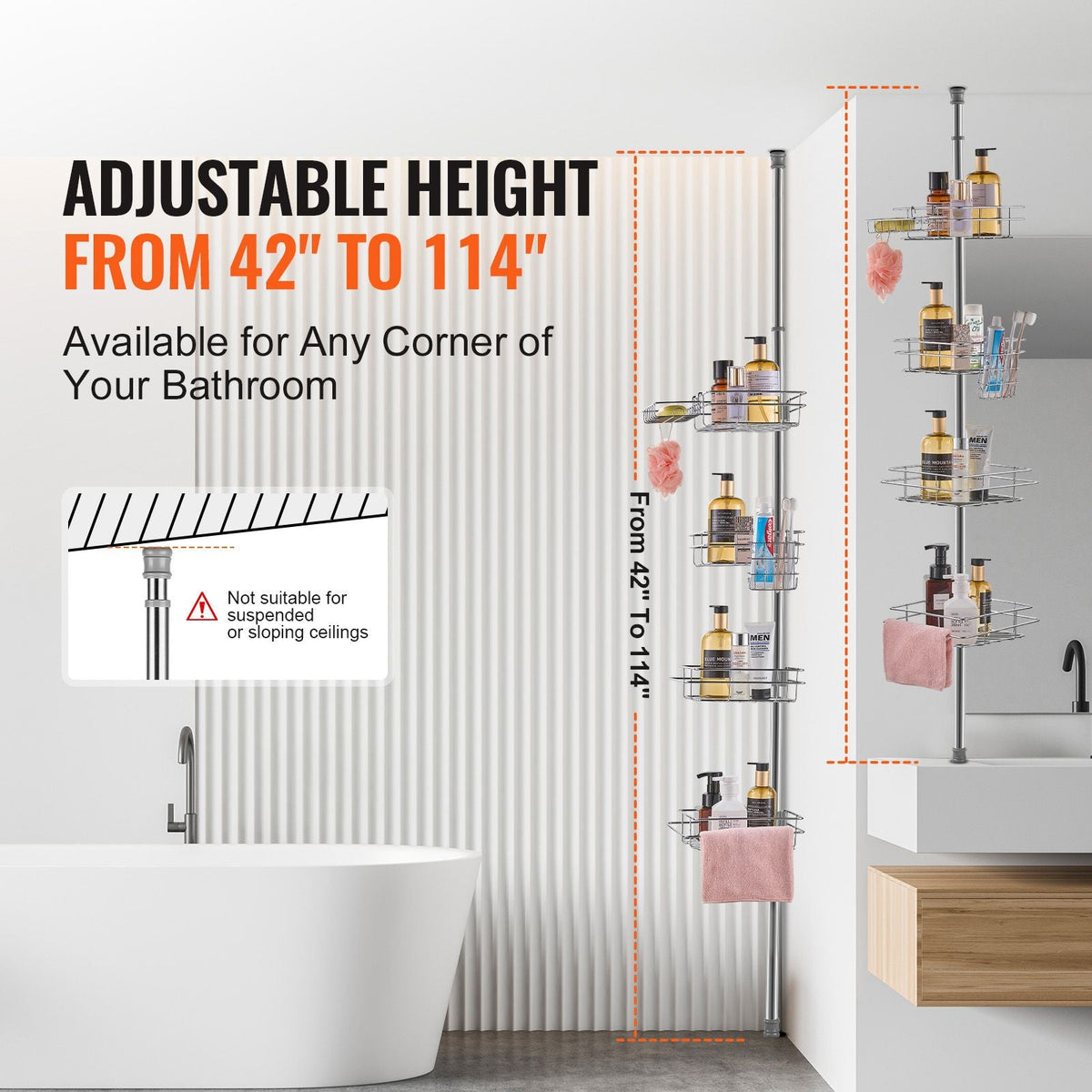 Shower Corner Caddy Tension Pole, 42" to 114" High, Multi-Functional Shower Tension Pole with Strong Load-Bearing Tray, Rust-Proof Easy-to-Install Tension Pole, Fit for Bathroom & Washroom
