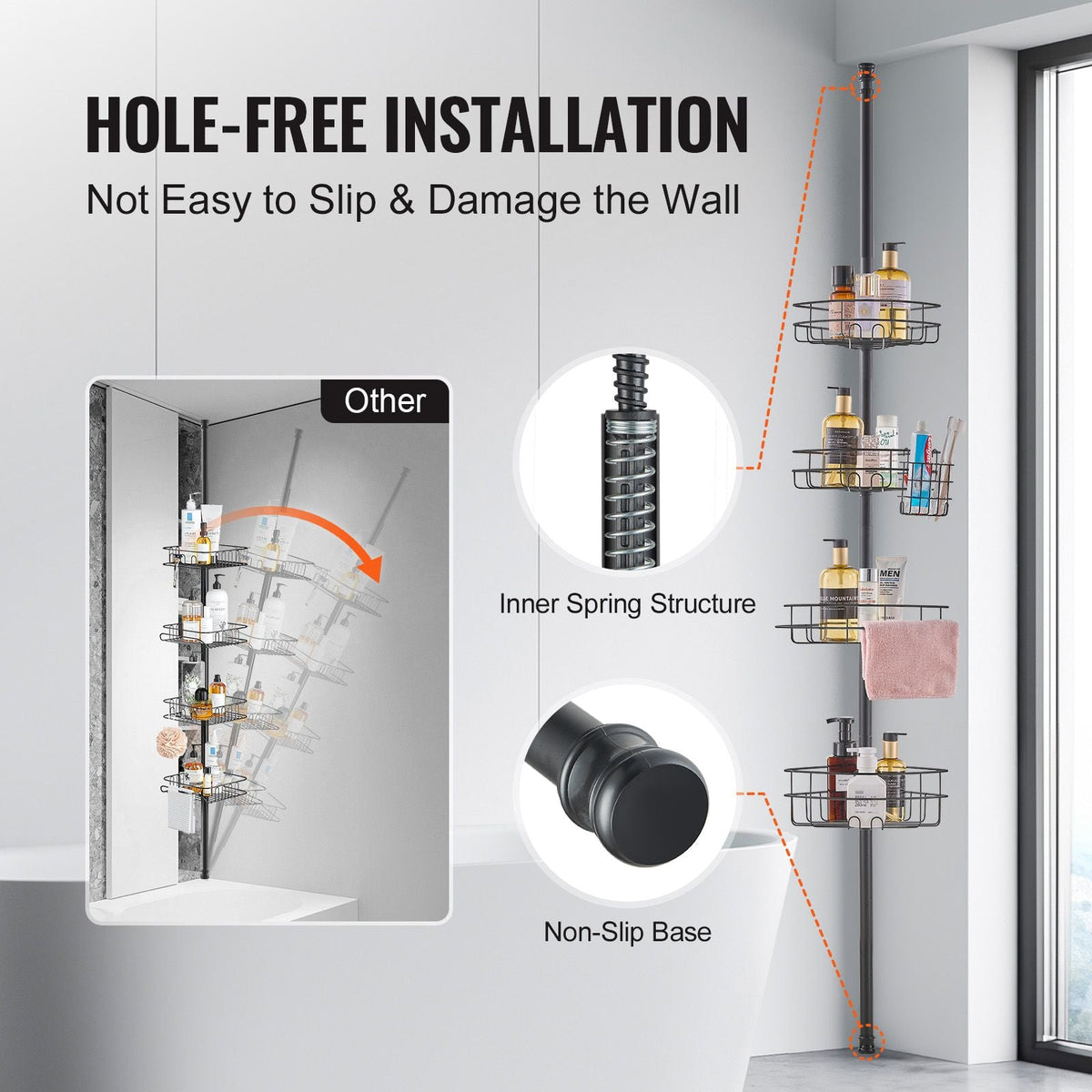 Shower Corner Caddy Tension Pole, 42" to 114" High, Multi-Functional Shower Tension Pole with Strong Load-Bearing Tray, Rust-Proof Easy-to-Install Tension Pole, Fit for Bathroom & Washroom