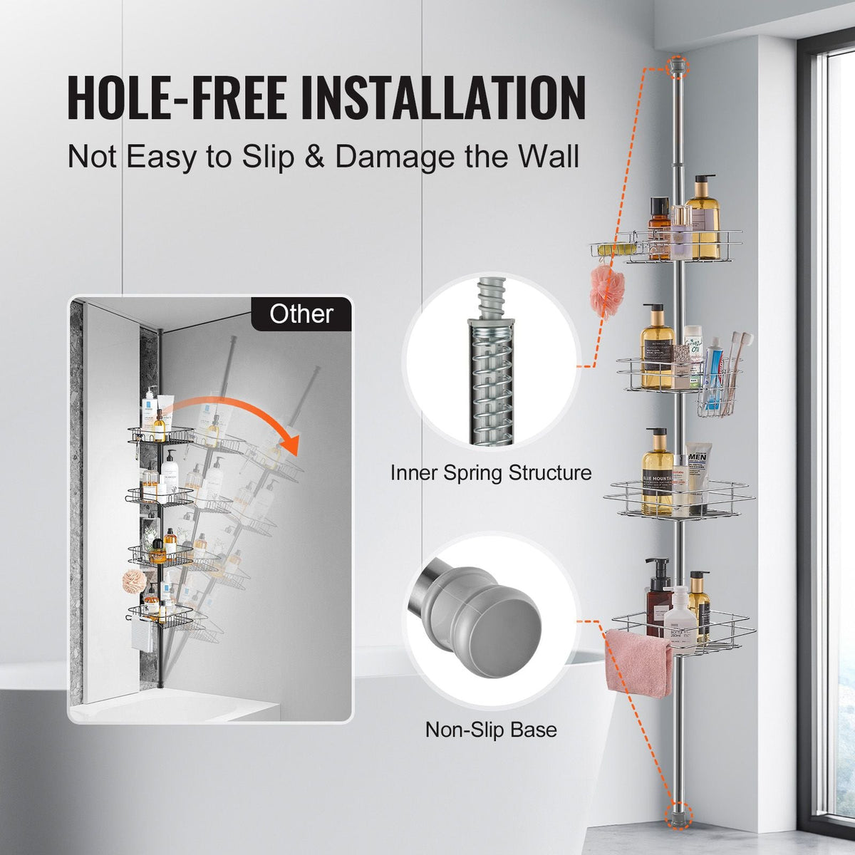 Shower Corner Caddy Tension Pole, 42" to 114" High, Multi-Functional Shower Tension Pole with Strong Load-Bearing Tray, Rust-Proof Easy-to-Install Tension Pole, Fit for Bathroom & Washroom