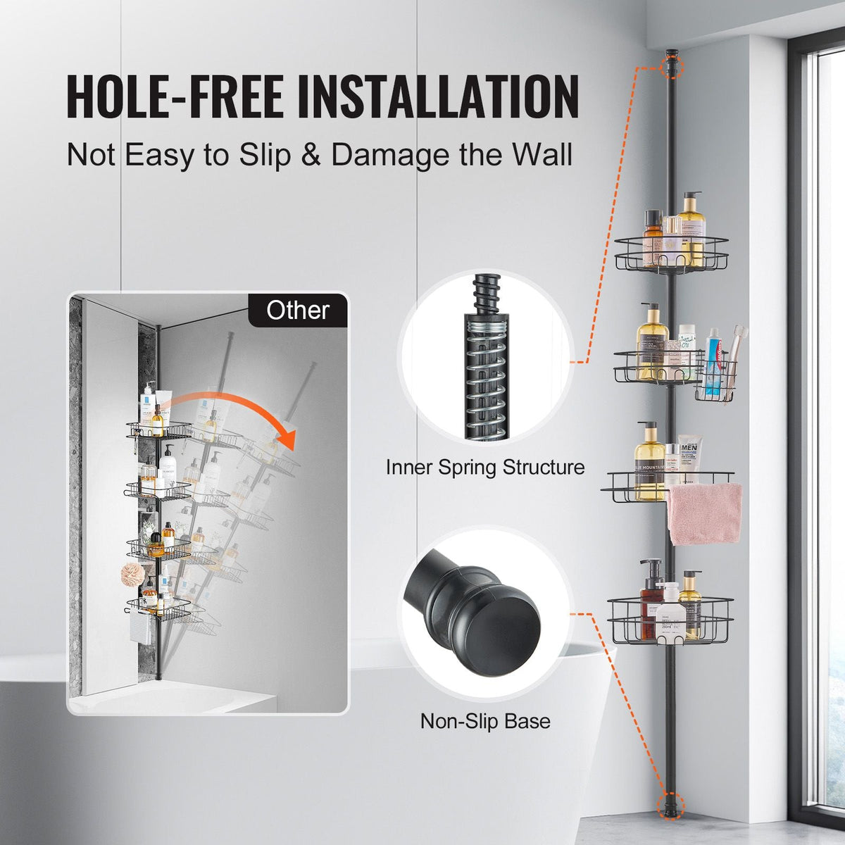 Shower Corner Caddy Tension Pole, 56" to 114" High, Multi-Functional Shower Tension Pole with Strong Load-Bearing Tray, Rust-Proof Easy-to-Install Tension Pole, Fit for Bathroom & Washroom