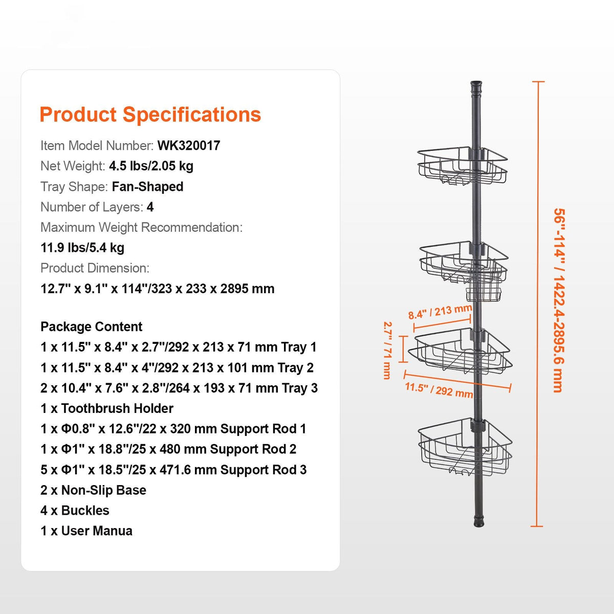 Shower Corner Caddy Tension Pole, 56" to 114" High, Multi-Functional Shower Tension Pole with Strong Load-Bearing Tray, Rust-Proof Easy-to-Install Tension Pole, Fit for Bathroom & Washroom