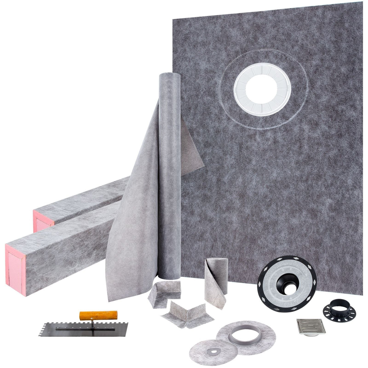 Shower Curb Kit 38\" x 60\" Watertight Shower Curb Overlay with 4\" PVC Offset Bonding Flange, 4\" Stainless Steel Grate, 2 Cuttable Shower Curb and Trowel, Shower Pan Slope Sticks Fit for Bathr