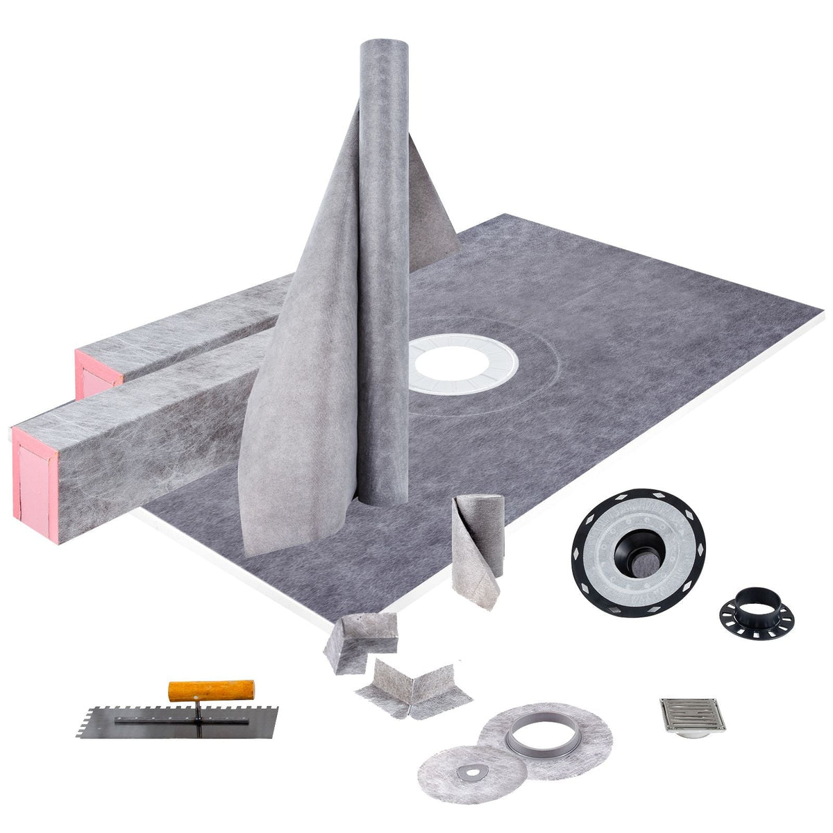 Shower Curb Kit, 38\"x60\" Watertight Shower Curb Overlay with 4\" ABS Central Bonding Flange, 4\" Stainless Steel Grate, 2 Cuttable Shower Curb and Trowel, Shower Pan Slope Sticks Fit for Bathr