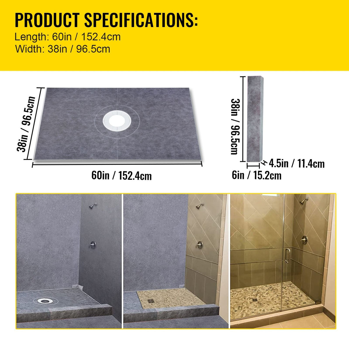 Shower Curb Kit, 38\"x60\" Watertight Shower Curb Overlay with 4\" ABS Central Bonding Flange, 4\" Stainless Steel Grate, 2 Cuttable Shower Curb and Trowel, Shower Pan Slope Sticks Fit for Bathr