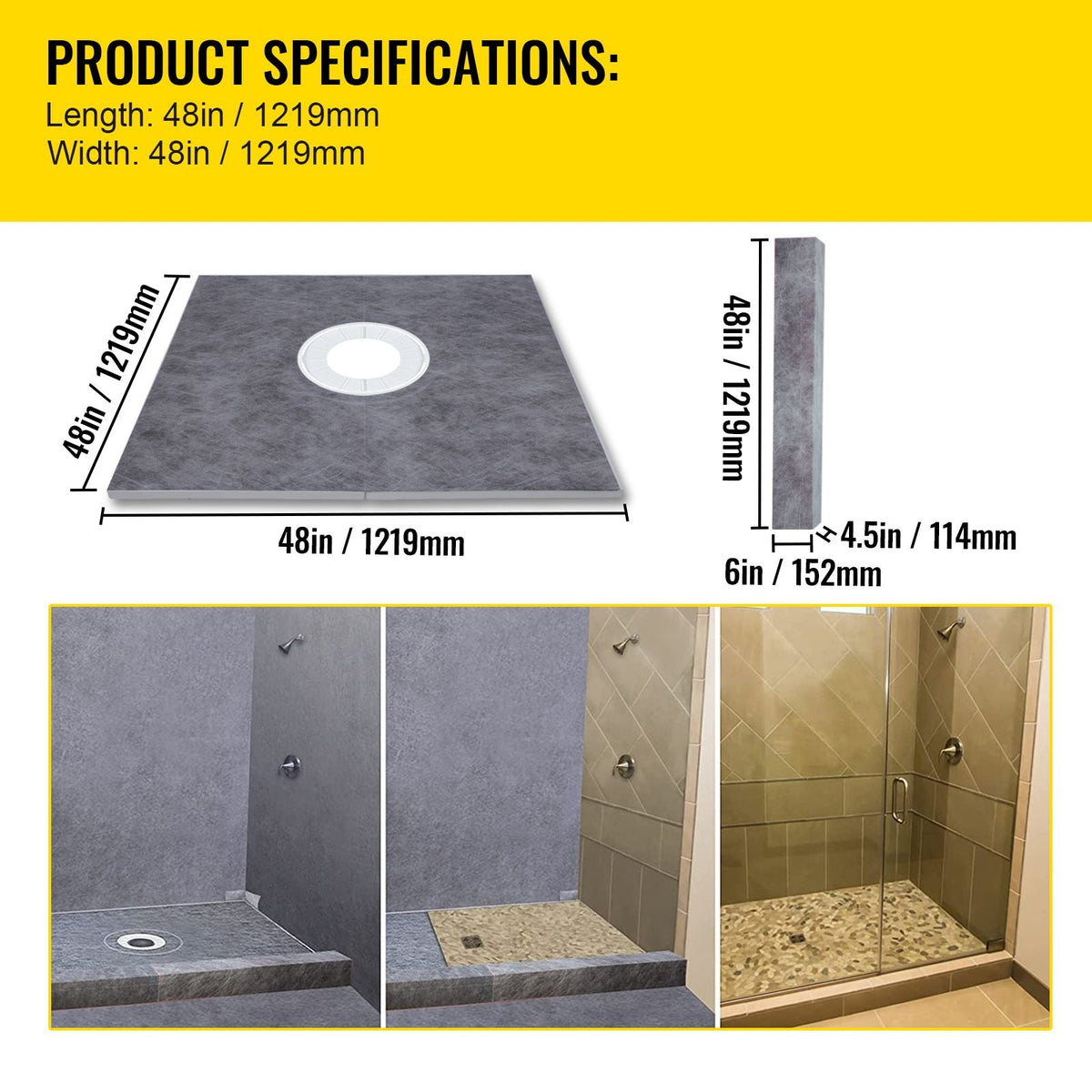 Shower Curb Kit, 48\"x48\" Watertight Shower Curb Overlay with 4\" ABS Central Bonding Flange, 4\" Stainless Steel Grate, 2 Cuttable Shower Curb and Trowel, Shower Pan Slope Sticks Fit for Bathr