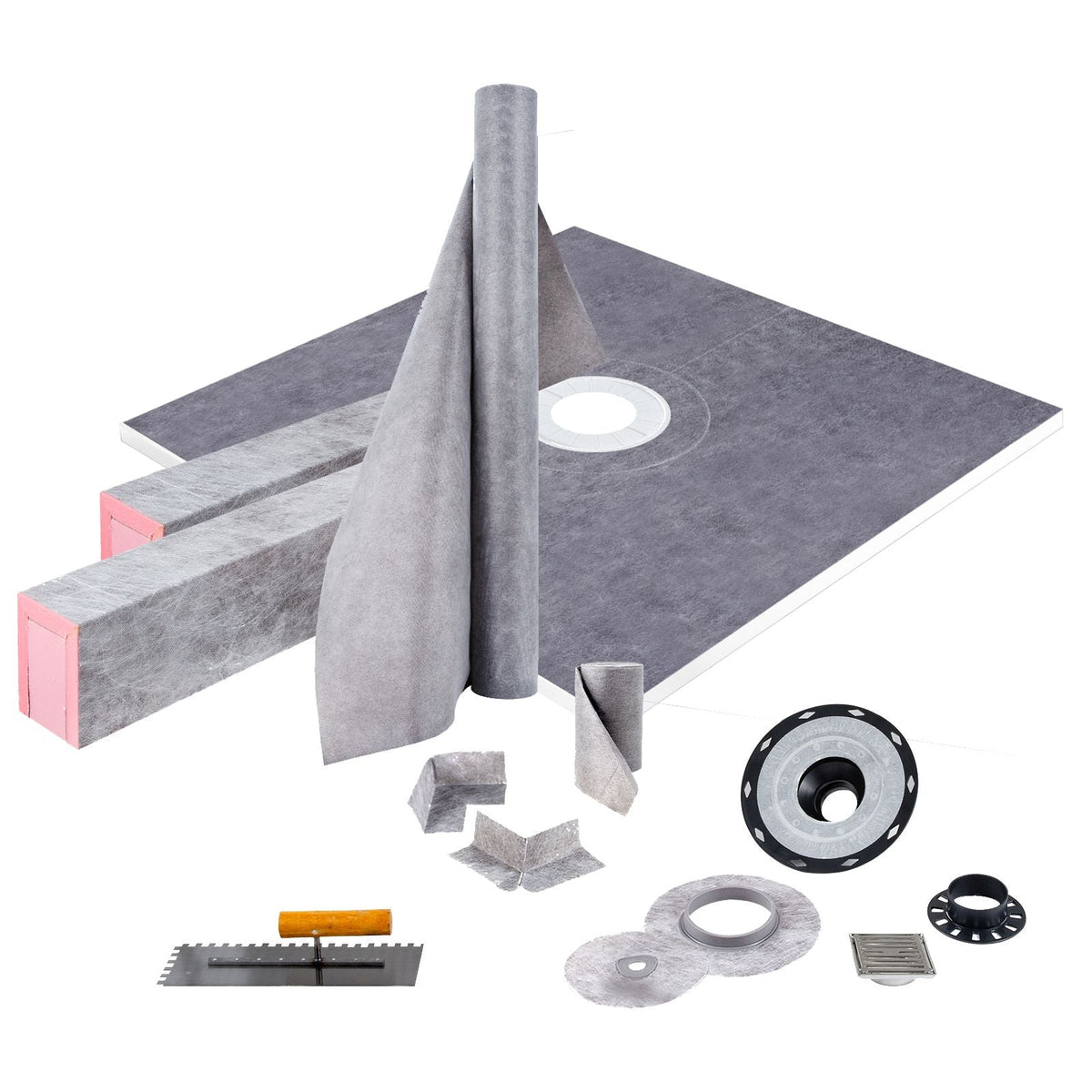 Shower Curb Kit, 48\"x48\" Watertight Shower Curb Overlay with 4\" ABS Central Bonding Flange, 4\" Stainless Steel Grate, 2 Cuttable Shower Curb and Trowel, Shower Pan Slope Sticks Fit for Bathr