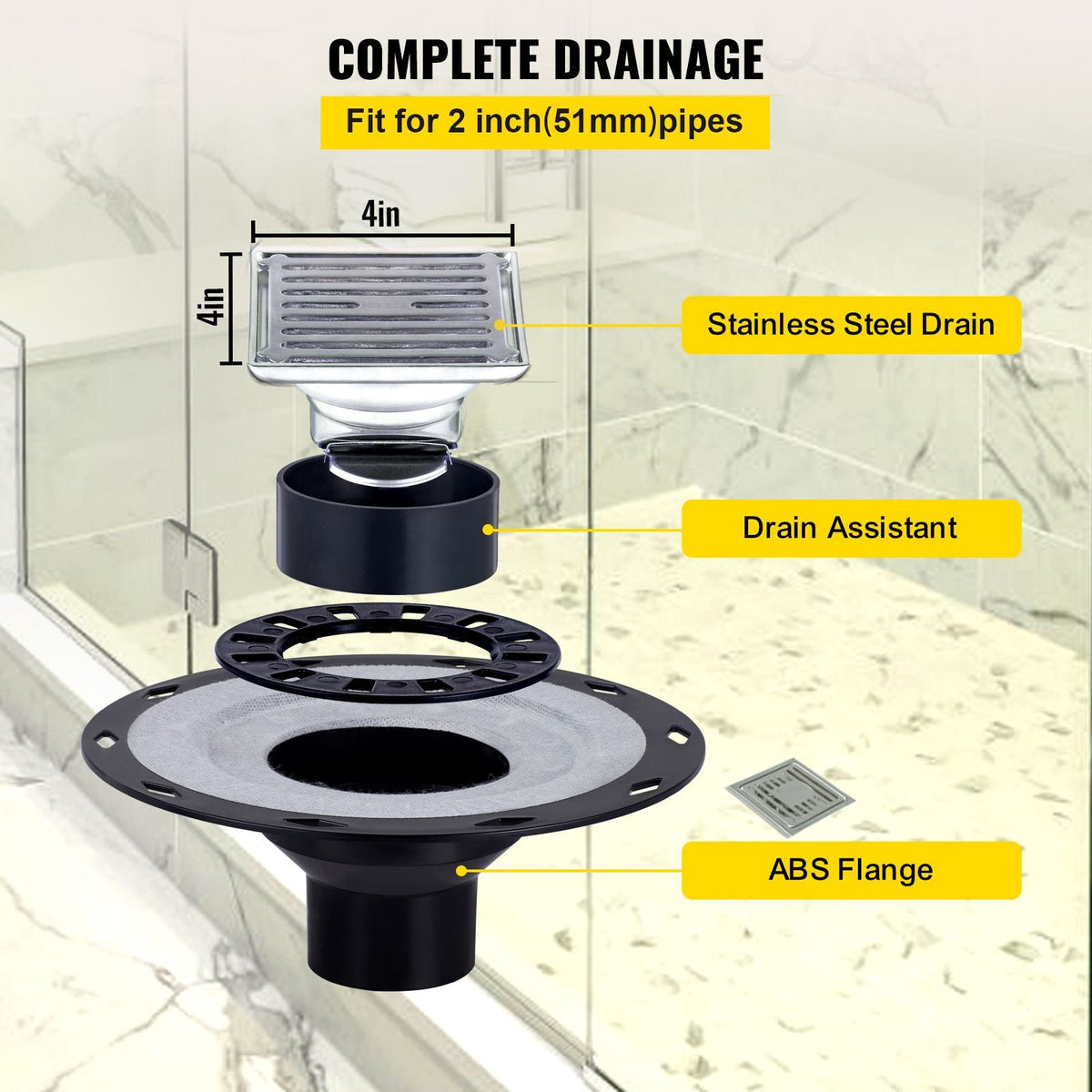 Shower Curb Kit, 48\"x48\" Watertight Shower Curb Overlay with 4\" ABS Central Bonding Flange, 4\" Stainless Steel Grate, 2 Cuttable Shower Curb and Trowel, Shower Pan Slope Sticks Fit for Bathr