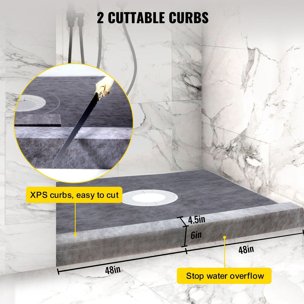 Shower Curb Kit, 48\"x48\" Watertight Shower Curb Overlay with 4\" PVC Central Bonding Flange, 4\" Stainless Steel Grate, 2 Cuttable Shower Curb and Trowel, Shower Pan Slope Sticks Fit for Bathr
