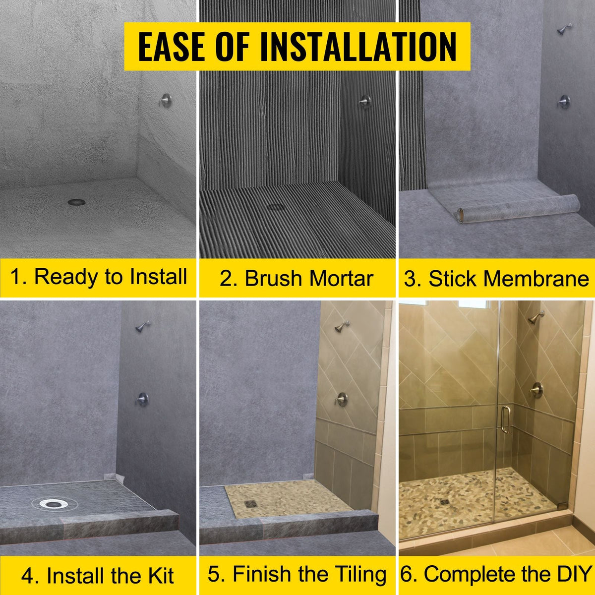 Shower Curb Kit, 48\"x48\" Watertight Shower Curb Overlay with 4\" PVC Central Bonding Flange, 4\" Stainless Steel Grate, 2 Cuttable Shower Curb and Trowel, Shower Pan Slope Sticks Fit for Bathr