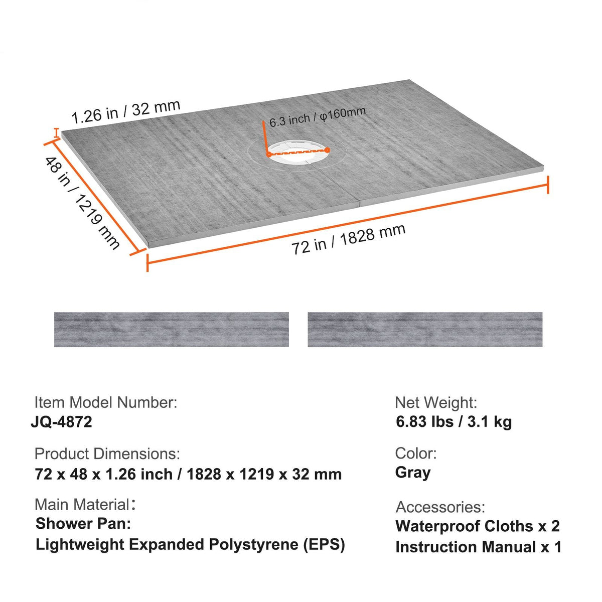 Shower Curb Kit, 48"x72" Shower Pan Kit with 6.3" Central Drain, Lightweight EPS Shower Installation Kits with 2 Waterproof Cloths, Shower Pan Slope Sticks Fit for Bathroom
