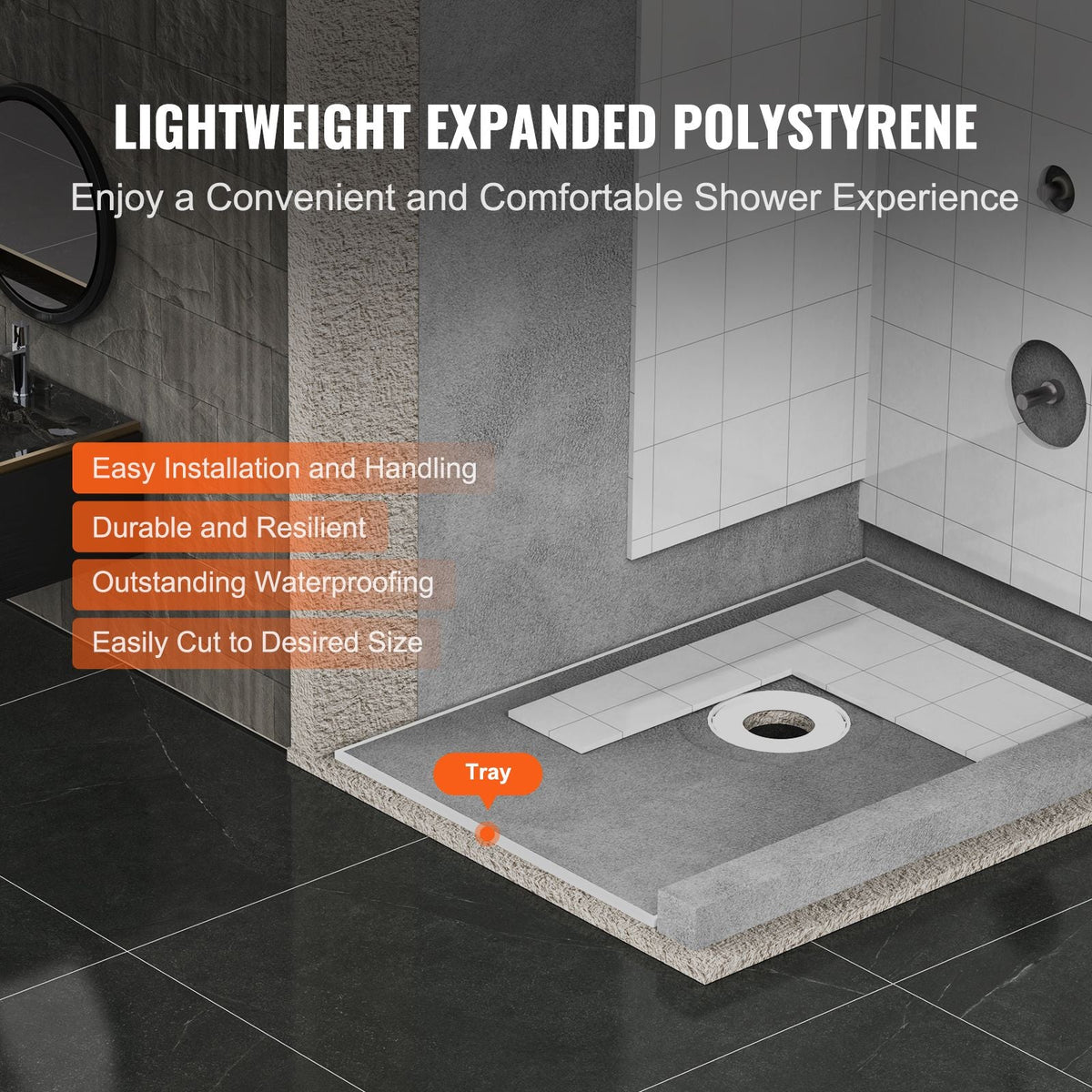 Shower Curb Kit, 48"x72" Shower Pan Kit with 6.3" Central Drain, Lightweight EPS Shower Installation Kits with 2 Waterproof Cloths, Shower Pan Slope Sticks Fit for Bathroom