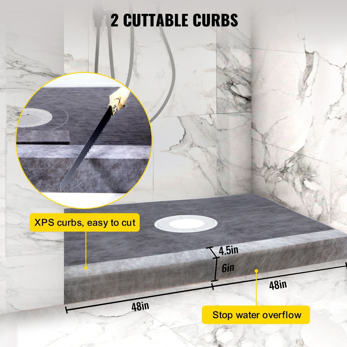 Shower Curb Kit, 48\"x72\" Watertight Shower Curb Overlay with 4\" PVC Central Bonding Flange, 4\" Stainless Steel Grate, 2 Cuttable Shower Curb and Trowel, Shower Pan Slope Sticks Fit for Bathr