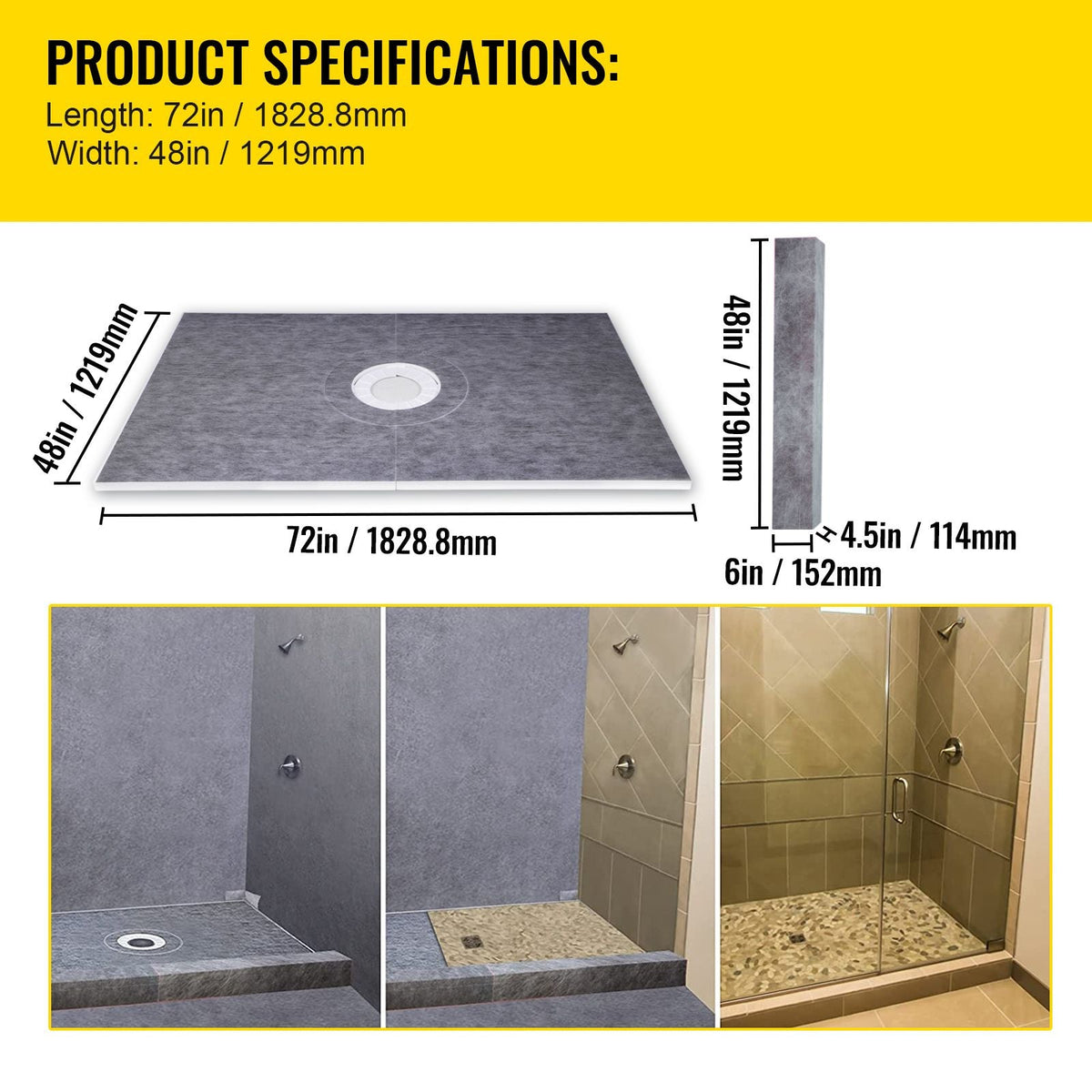 Shower Curb Kit, 48\"x72\" Watertight Shower Curb Overlay with 4\" PVC Central Bonding Flange, 4\" Stainless Steel Grate, 2 Cuttable Shower Curb and Trowel, Shower Pan Slope Sticks Fit for Bathr