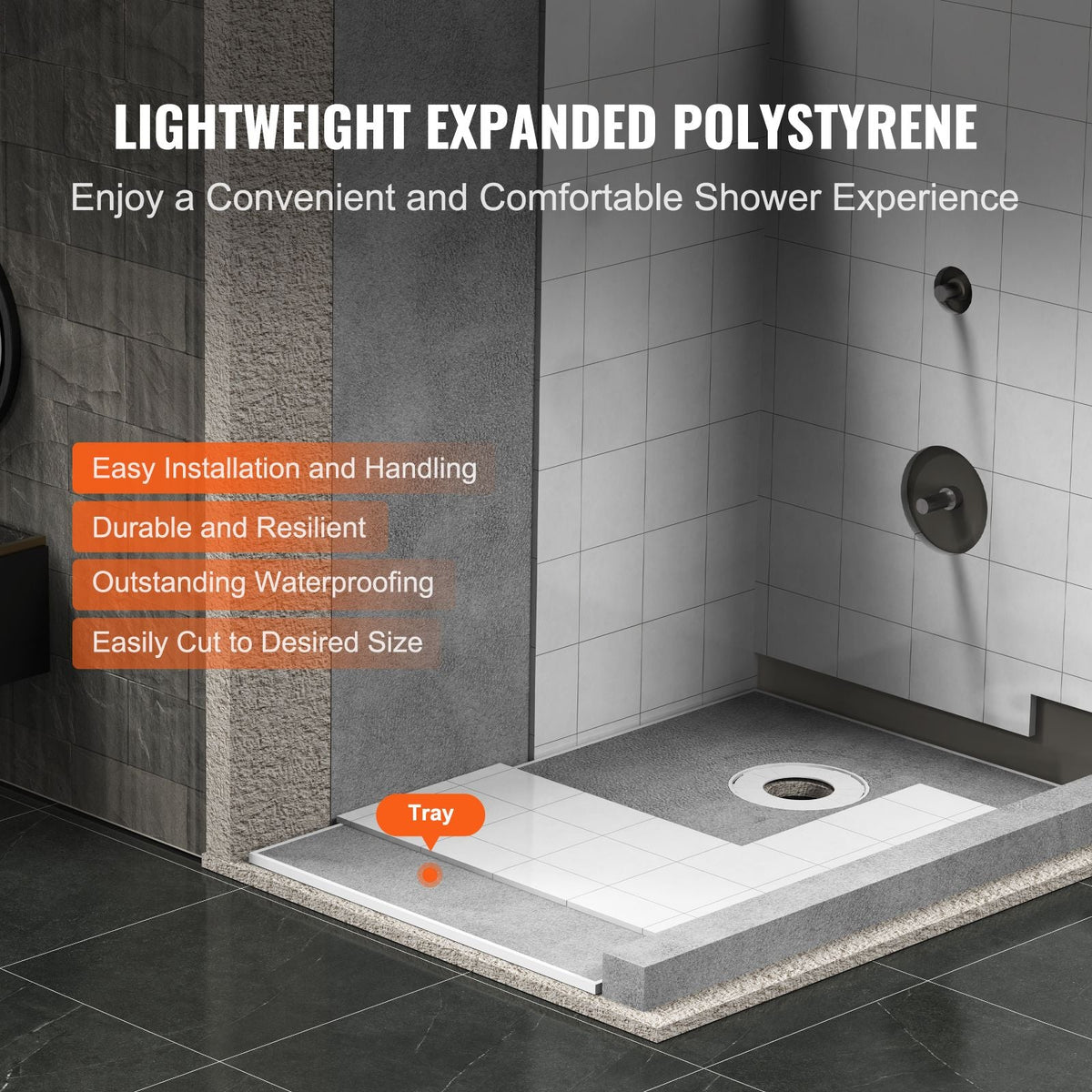 Shower Curb Kit, 60"x38" Shower Pan Kit with 6.3" Offset Drain, Lightweight EPS Shower Installation Kits with 2 Waterproof Cloths, Shower Pan Slope Sticks Fit for Bathroom