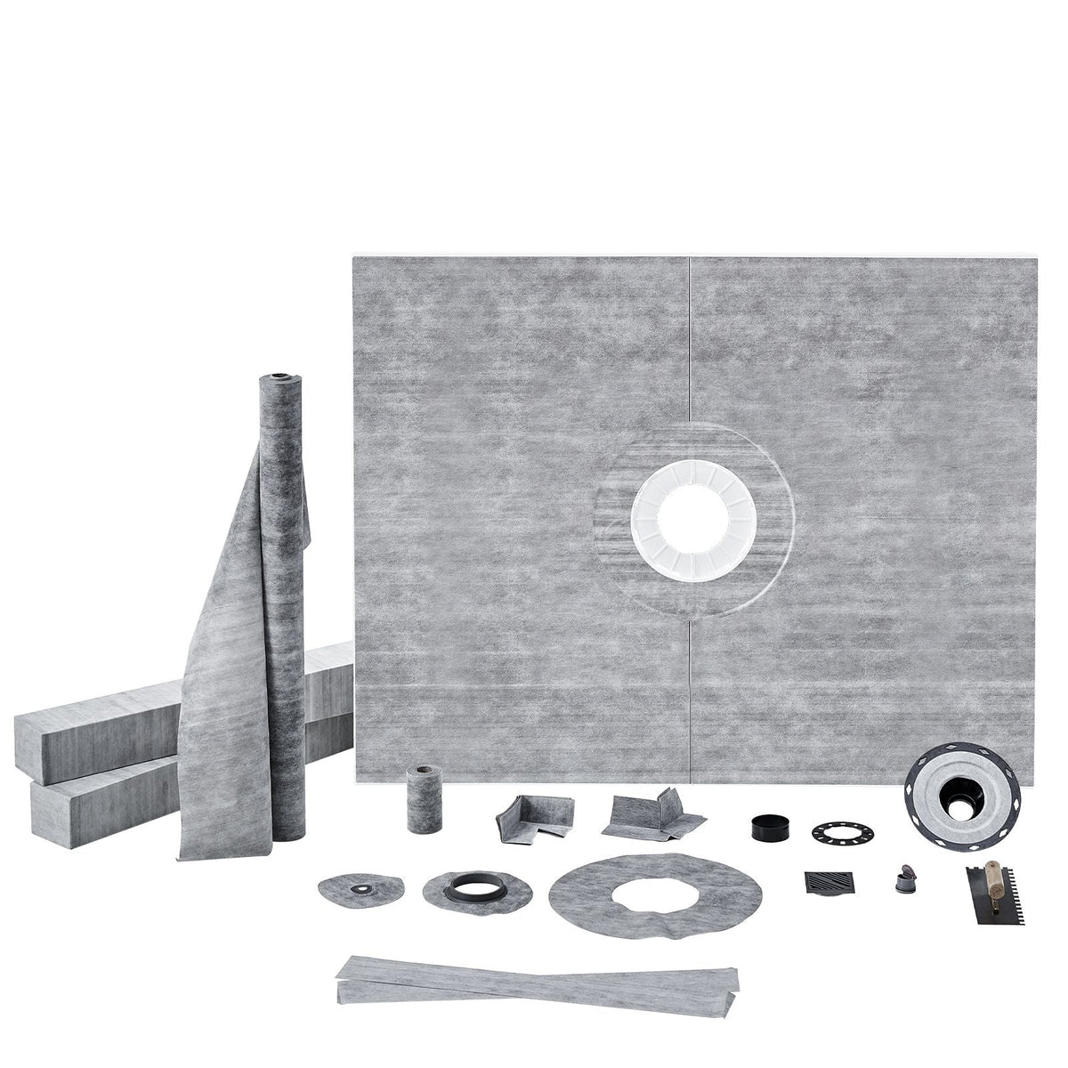 Shower Curb Kit, 60"x48" Shower Pan Kit with 2" PVC Central Flange, Waterproof Membrane, Stainless Steel Grate and Joint Sealant, Shower Pan Slope Sticks Fit for Bathroom